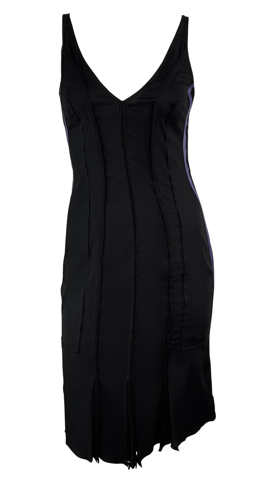 S/S 2004 Gucci by Tom Ford Purple Satin Stripe Panel Sleeveless Black Dress - RealList