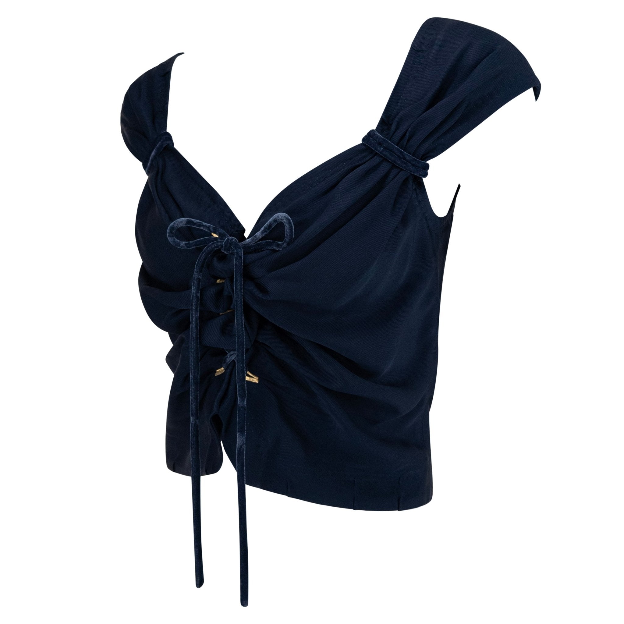 S/S 2004 Louis Vuitton by Marc Jacobs Runway Dark Blue Satin Velvet Tie Blouse - RealList