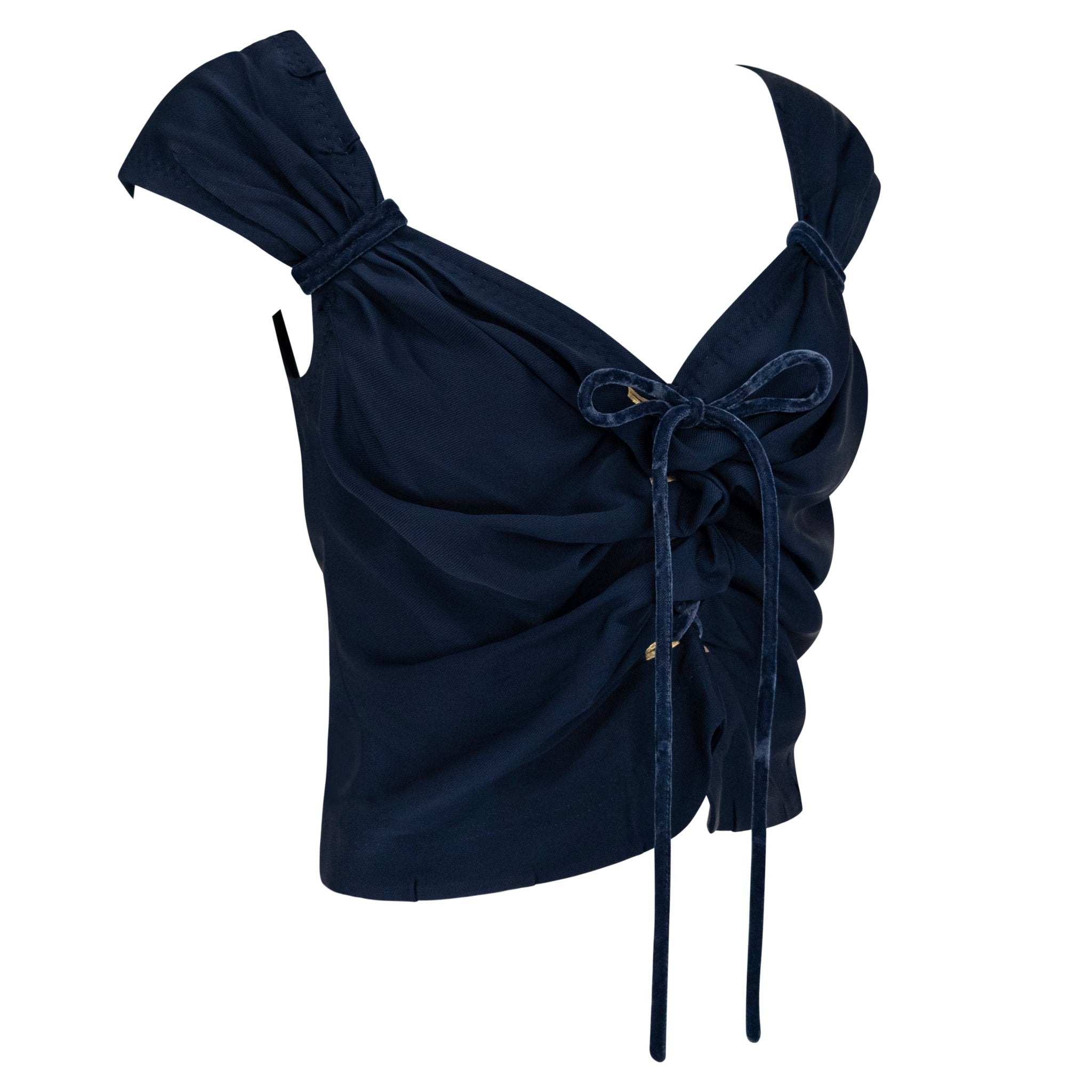 S/S 2004 Louis Vuitton by Marc Jacobs Runway Dark Blue Satin Velvet Tie Blouse - RealList