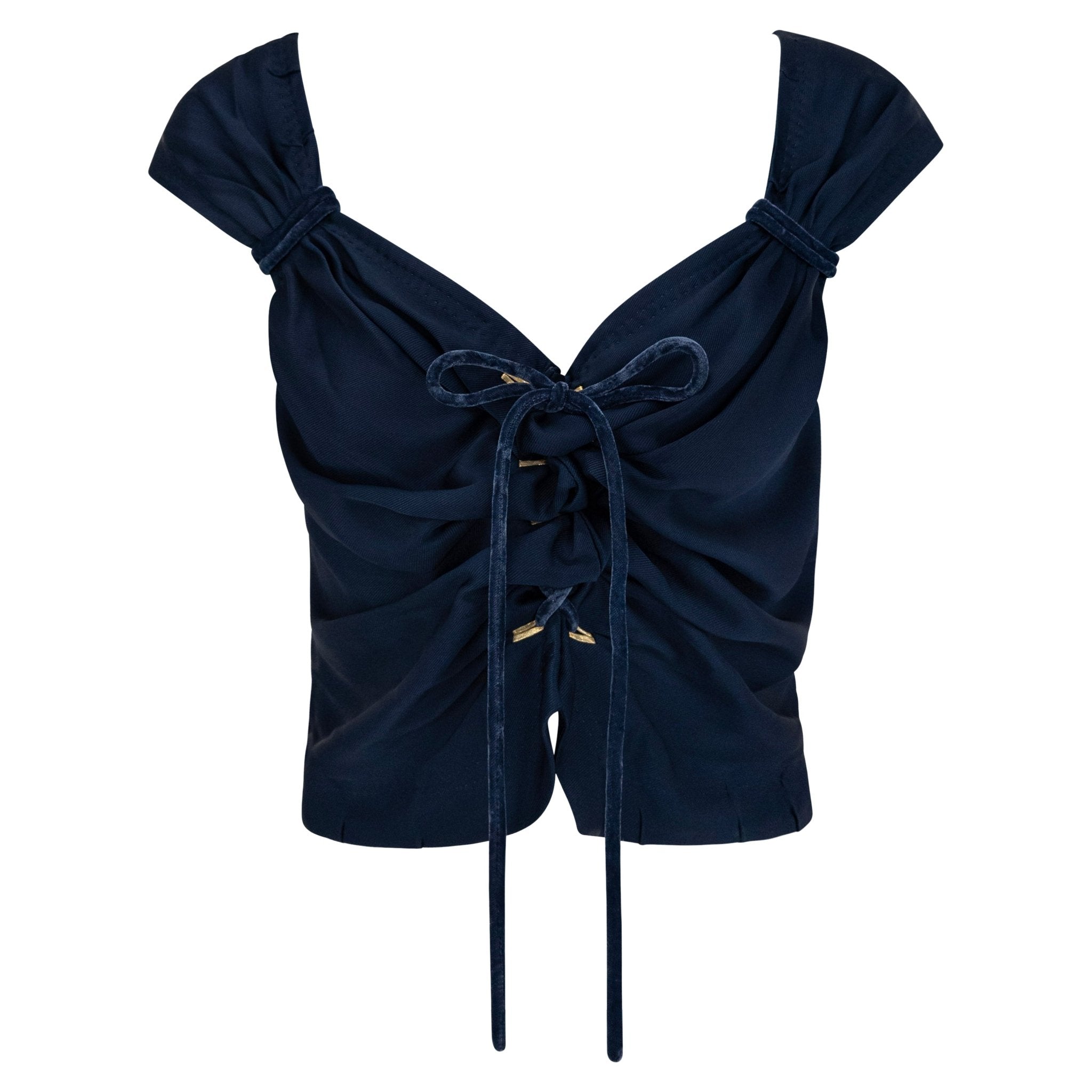 S/S 2004 Louis Vuitton by Marc Jacobs Runway Dark Blue Satin Velvet Tie Blouse - RealList