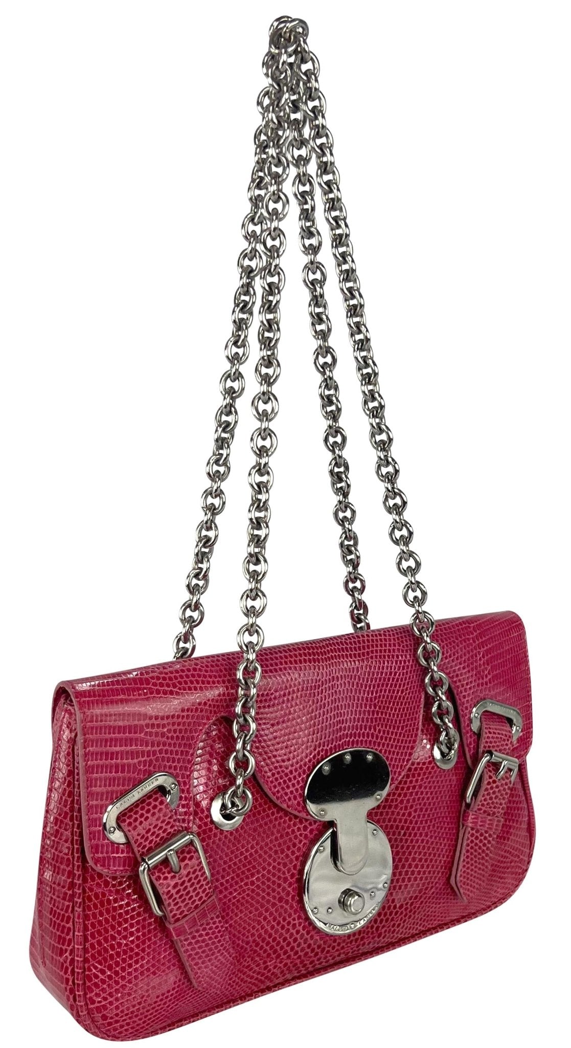 S/S 2004 Ralph Lauren Runway Pink Lizard Skin Chain Flap Shoulder Bag - RealList