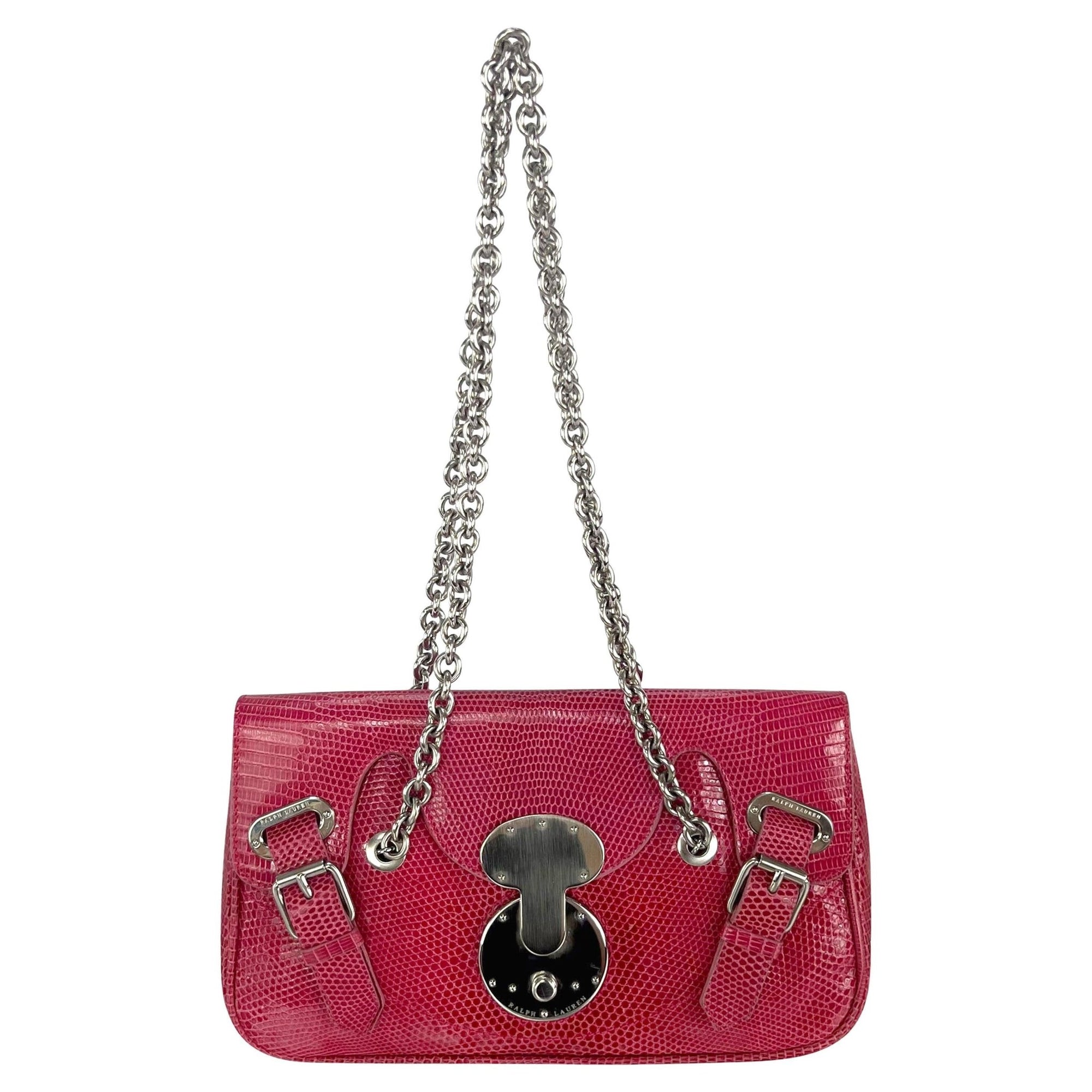 S/S 2004 Ralph Lauren Runway Pink Lizard Skin Chain Flap Shoulder Bag - RealList