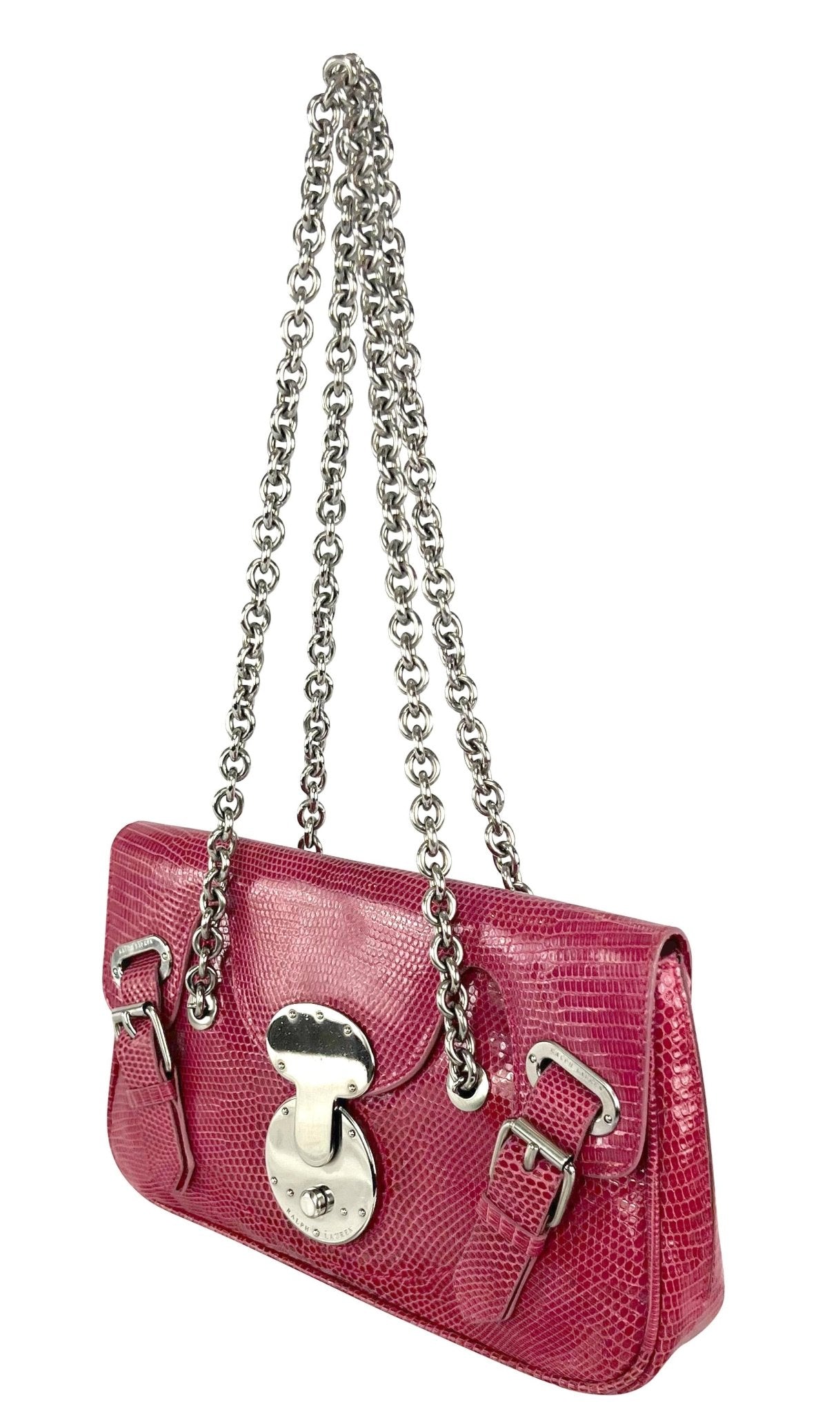 S/S 2004 Ralph Lauren Runway Pink Lizard Skin Chain Flap Shoulder Bag - RealList