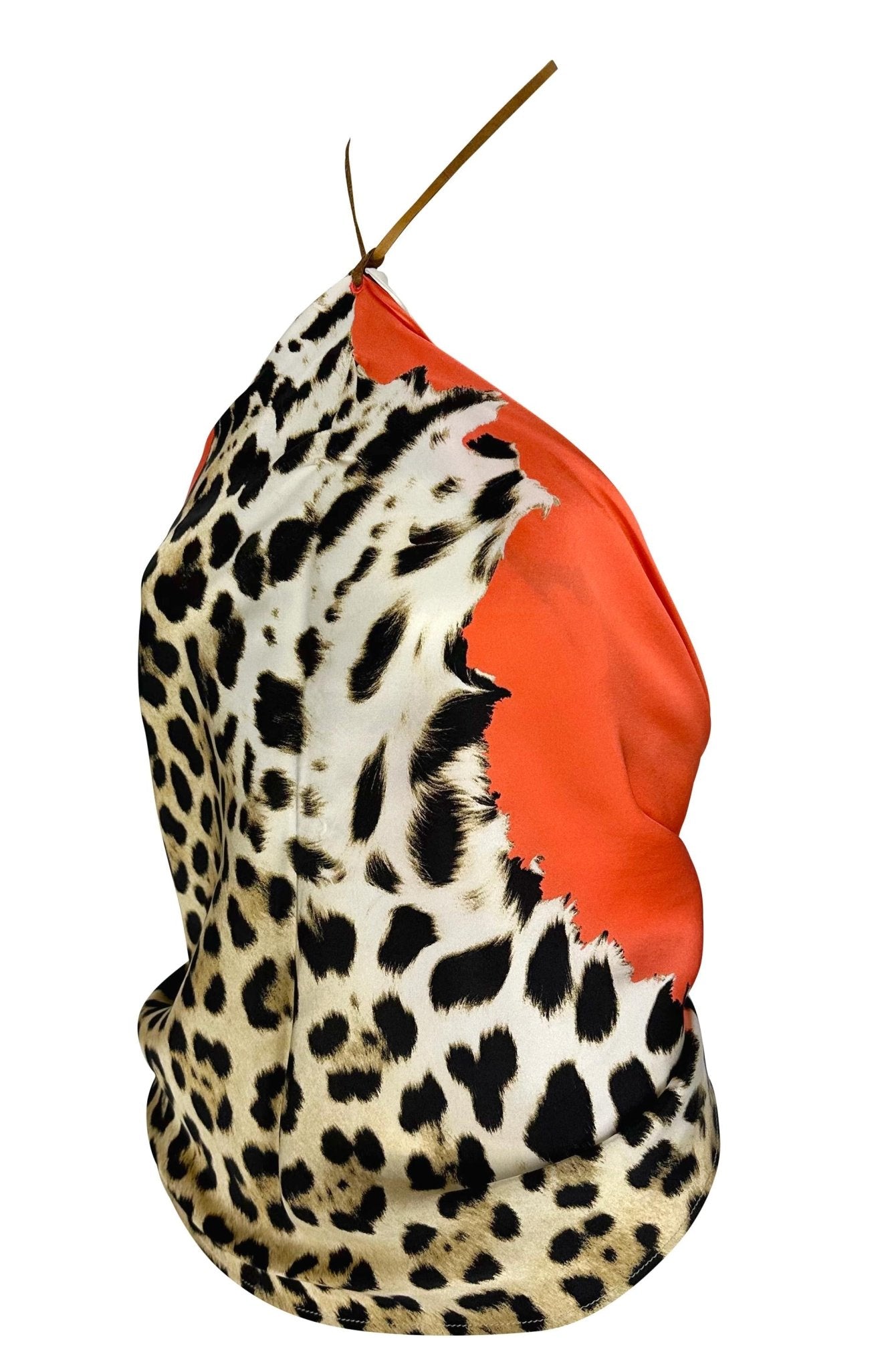 S/S 2004 Roberto Cavalli Animal Print Silk Scarf Leather Halter Neck Crop Top - RealList