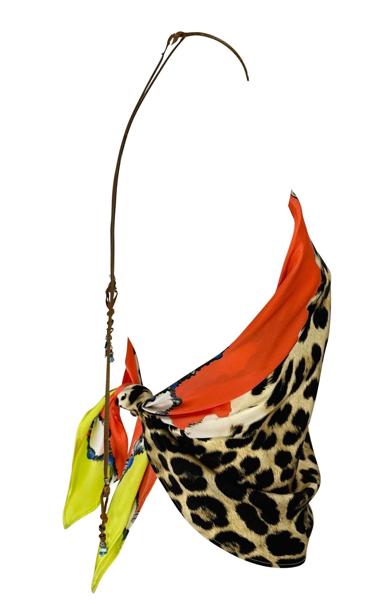 S/S 2004 Roberto Cavalli Animal Print Silk Scarf Leather Halter Neck Crop Top - RealList