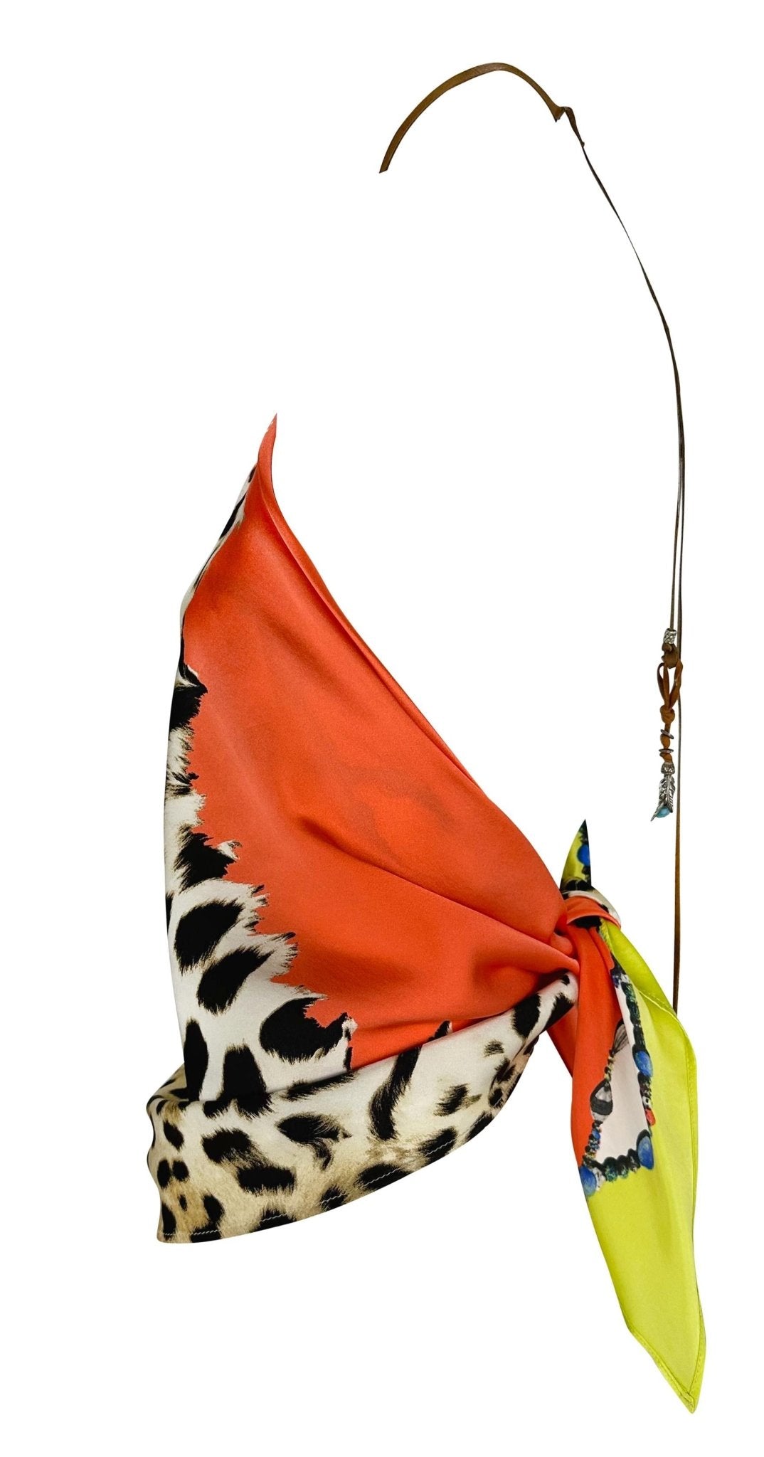 S/S 2004 Roberto Cavalli Animal Print Silk Scarf Leather Halter Neck Crop Top - RealList