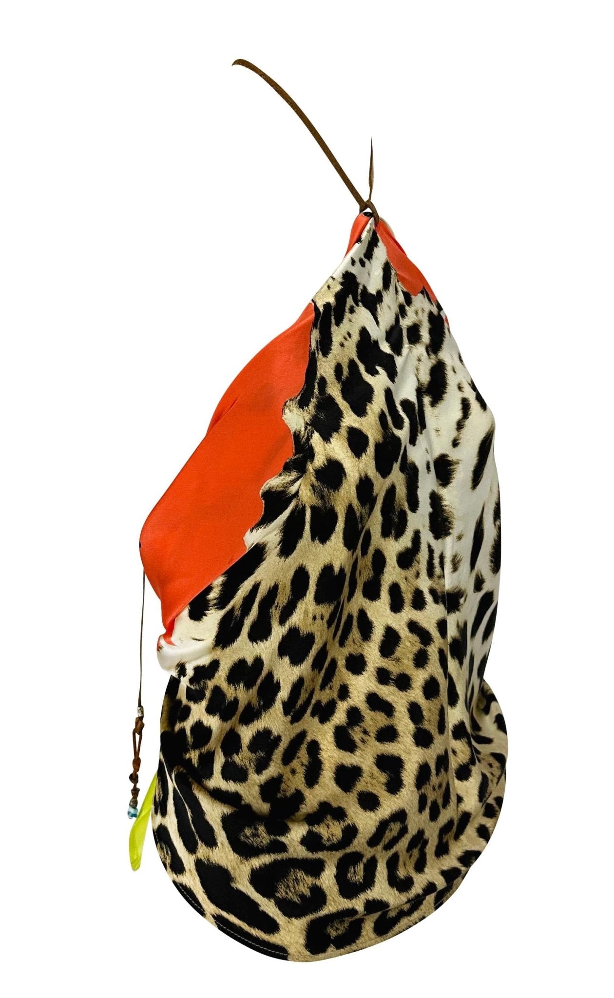 S/S 2004 Roberto Cavalli Animal Print Silk Scarf Leather Halter Neck Crop Top - RealList