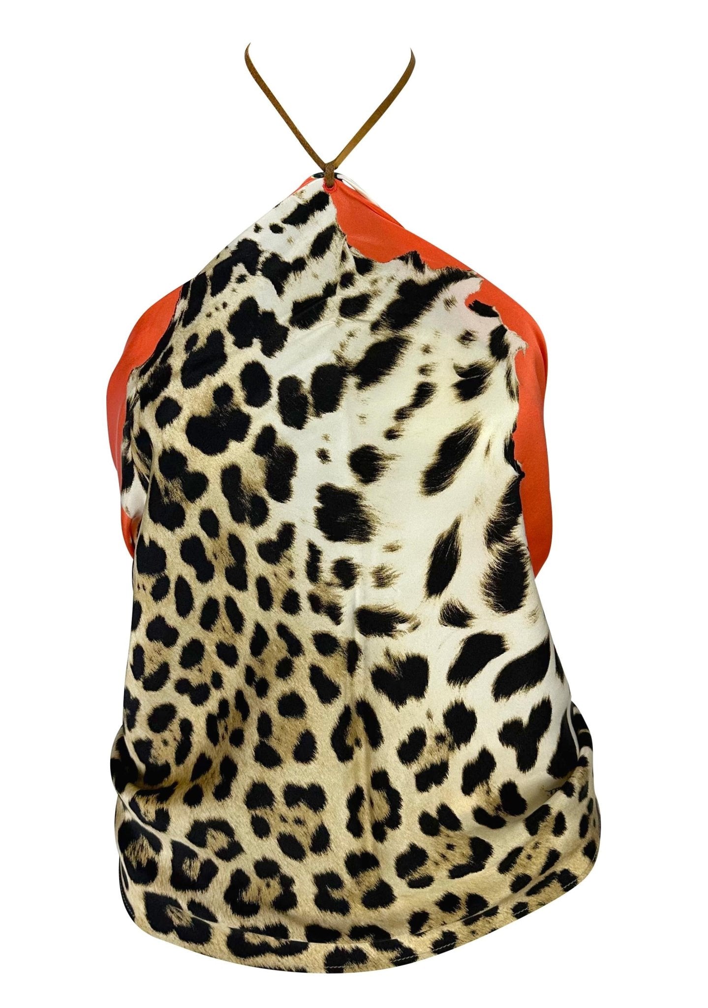 S/S 2004 Roberto Cavalli Animal Print Silk Scarf Leather Halter Neck Crop Top - RealList