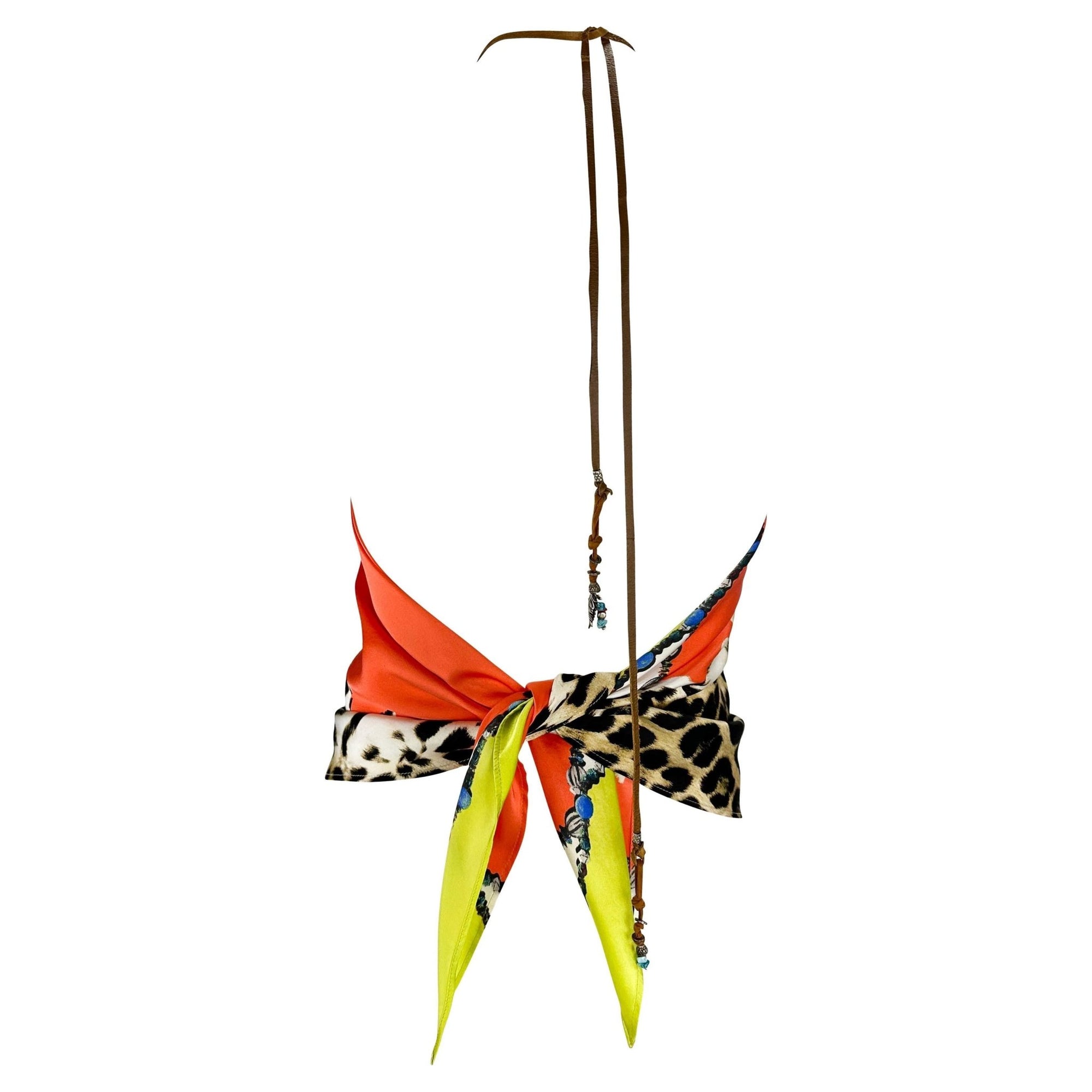 S/S 2004 Roberto Cavalli Animal Print Silk Scarf Leather Halter Neck Crop Top - RealList