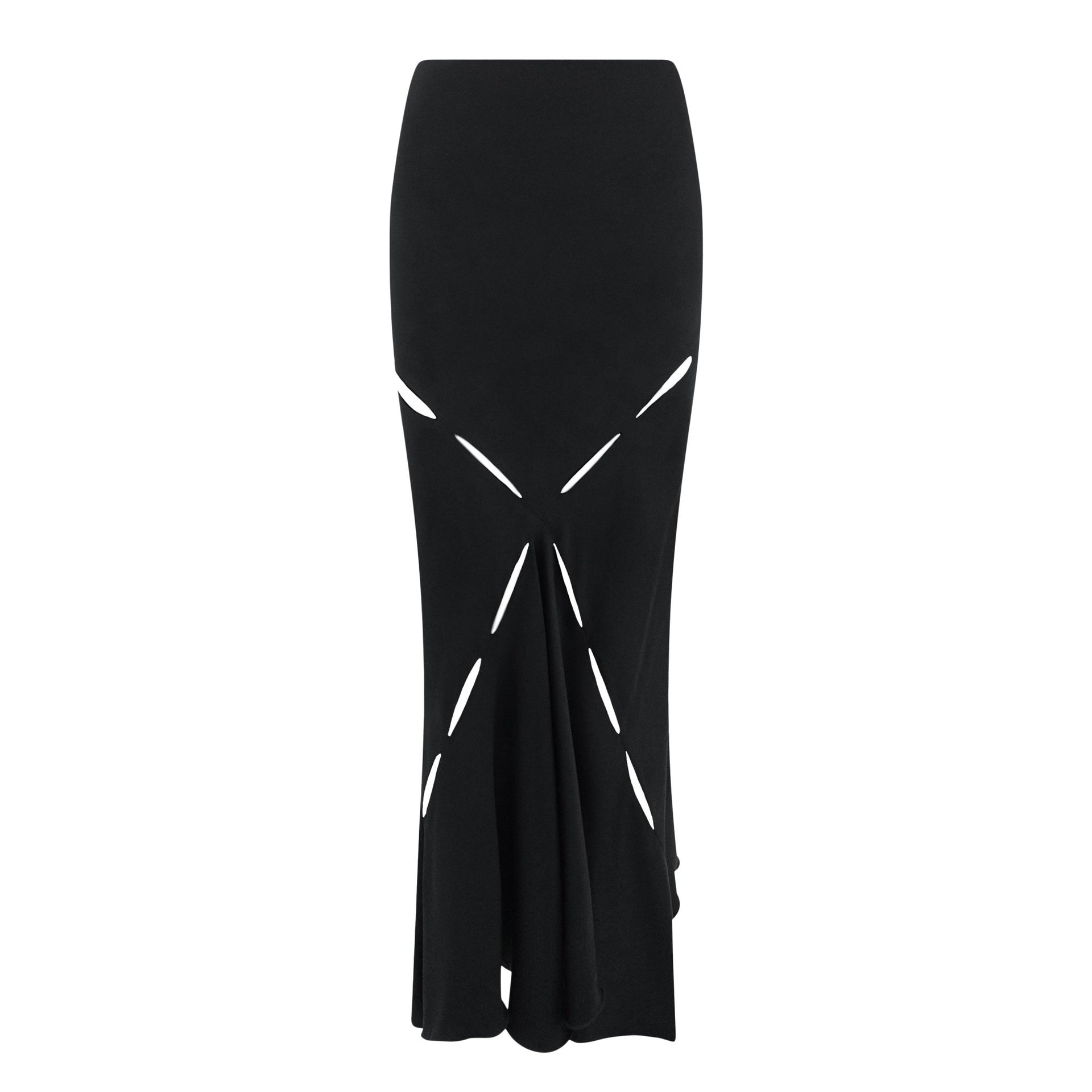 S/S 2004 Roberto Cavalli Black Silk Satin Slash Cutout Flare Maxi Skirt - RealList