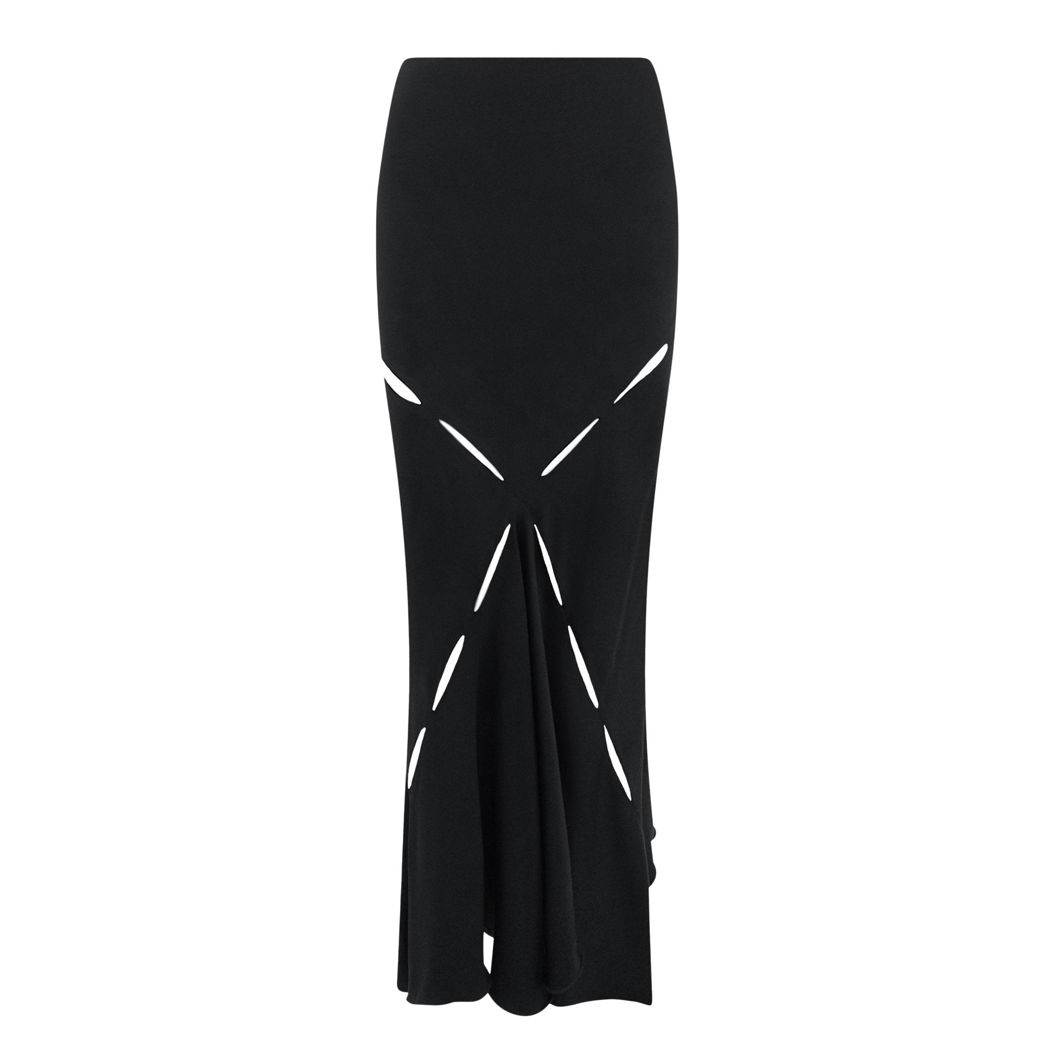 S/S 2004 Roberto Cavalli Black Silk Satin Slash Cutout Flare Maxi Skirt - RealList