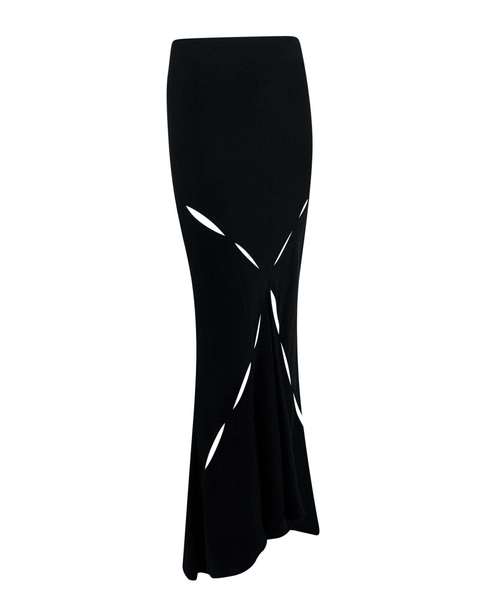 S/S 2004 Roberto Cavalli Black Silk Satin Slash Cutout Flare Maxi Skirt - RealList