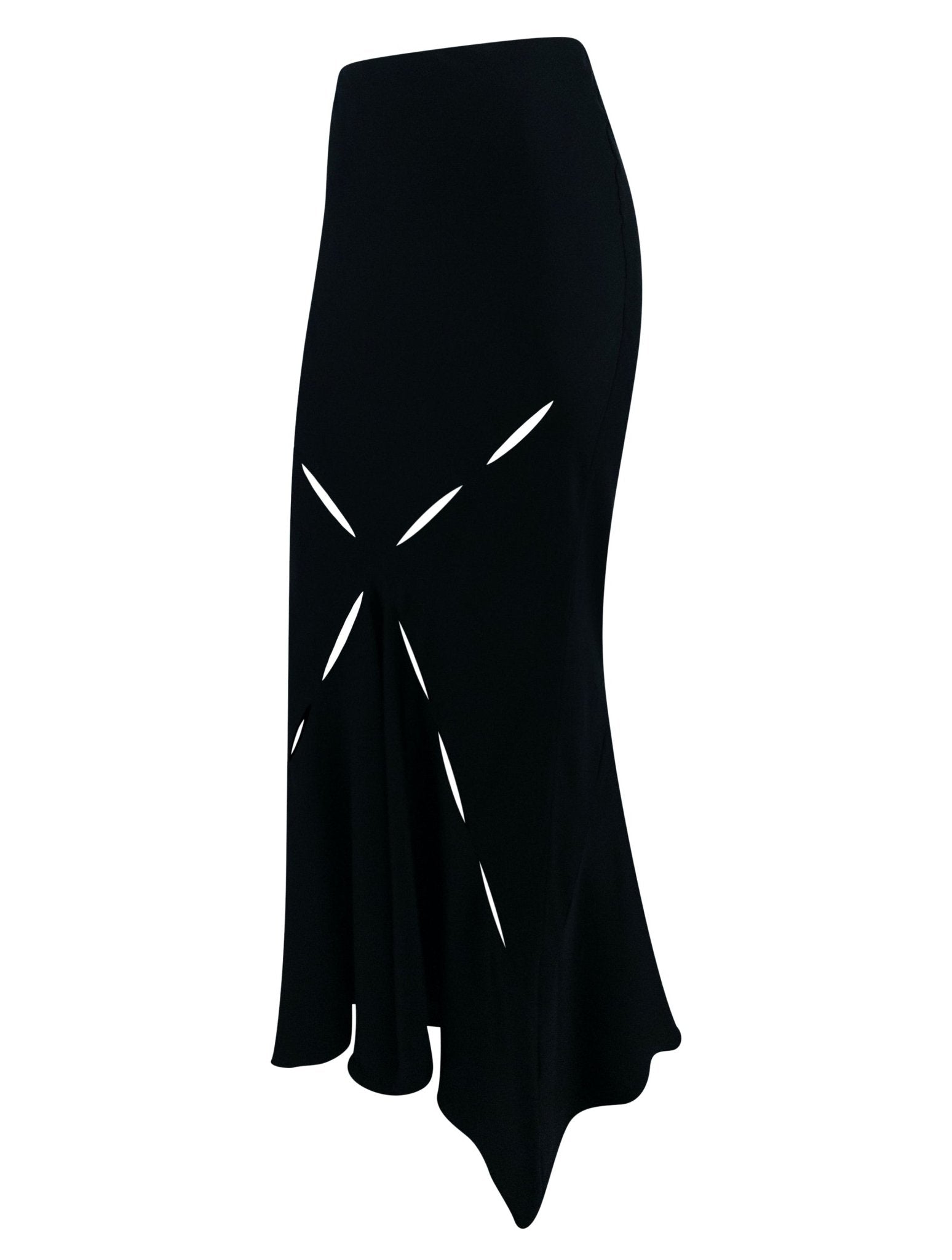S/S 2004 Roberto Cavalli Black Silk Satin Slash Cutout Flare Maxi Skirt - RealList