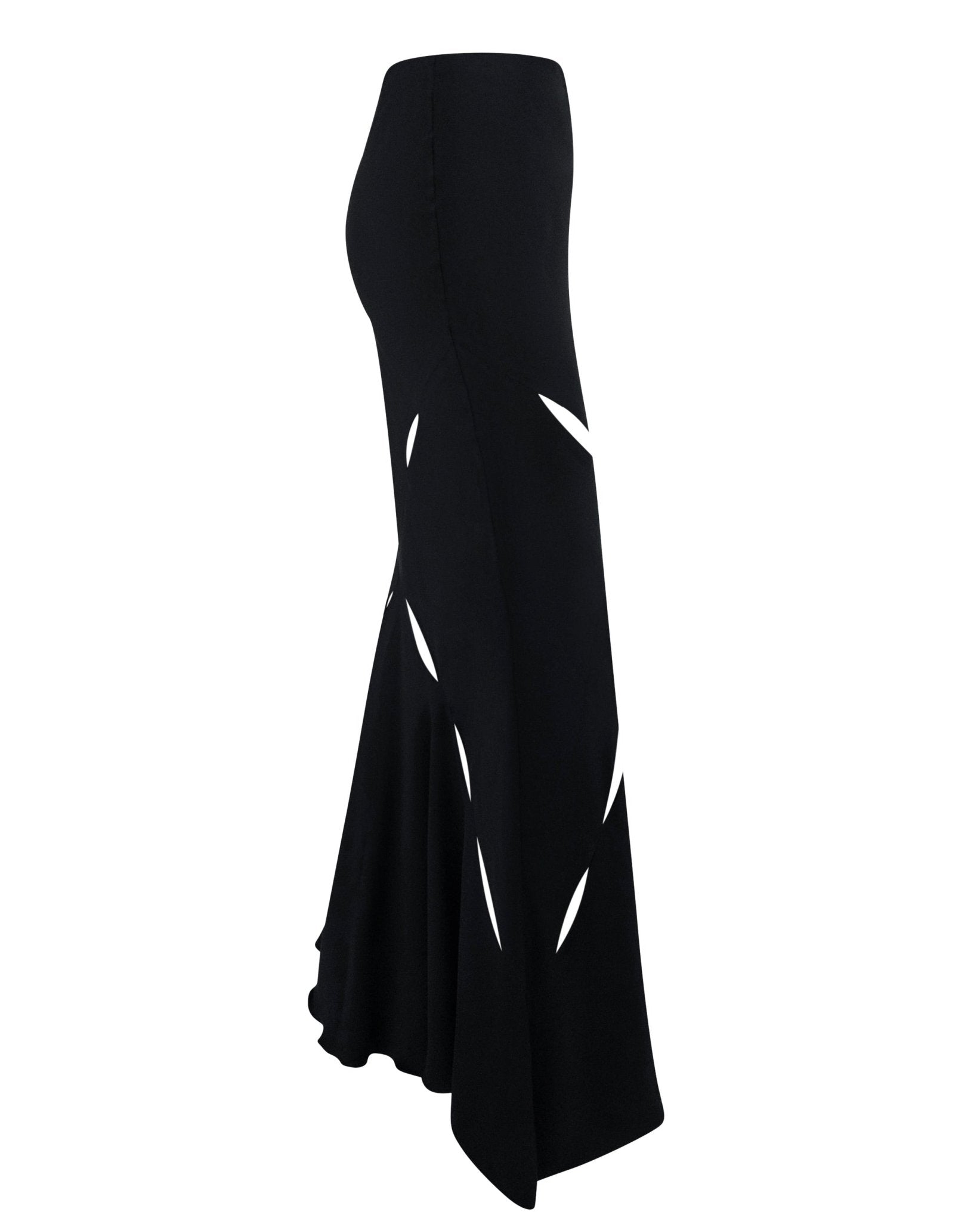 S/S 2004 Roberto Cavalli Black Silk Satin Slash Cutout Flare Maxi Skirt - RealList