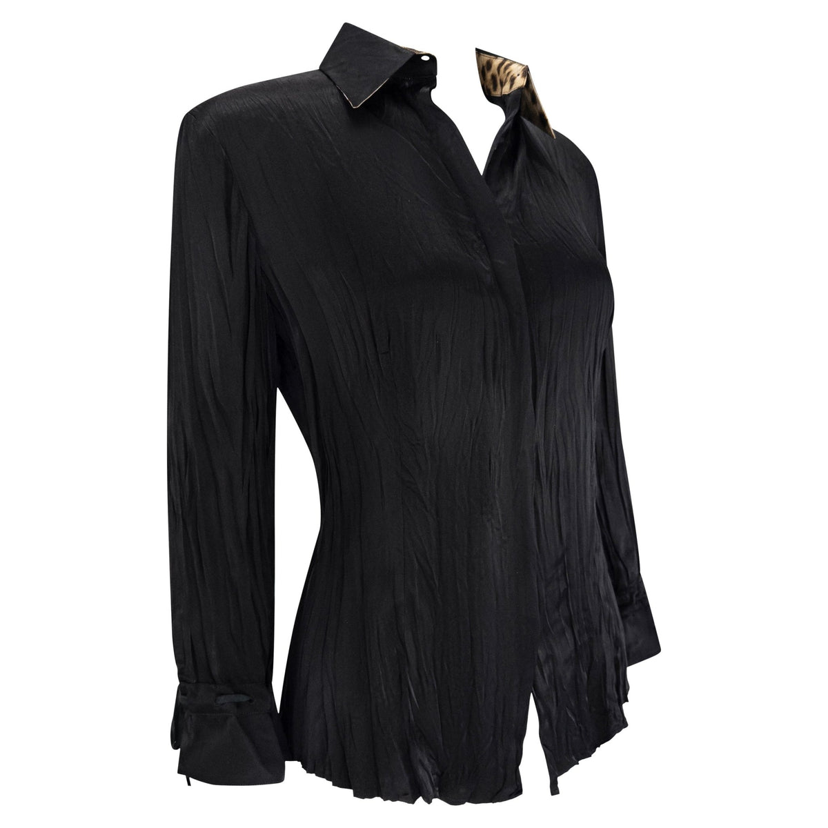 S/S 2004 Roberto Cavalli Black Wrinkled Silk Satin Button Up Blouse - RealList