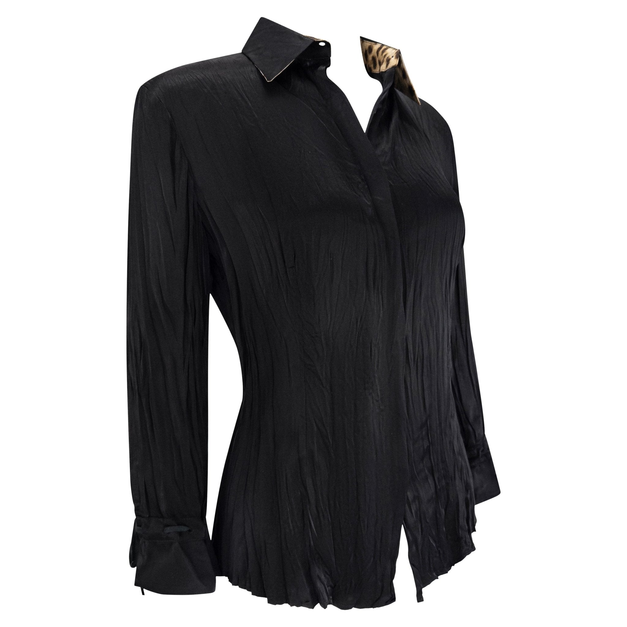 S/S 2004 Roberto Cavalli Black Wrinkled Silk Satin Button Up Blouse - RealList