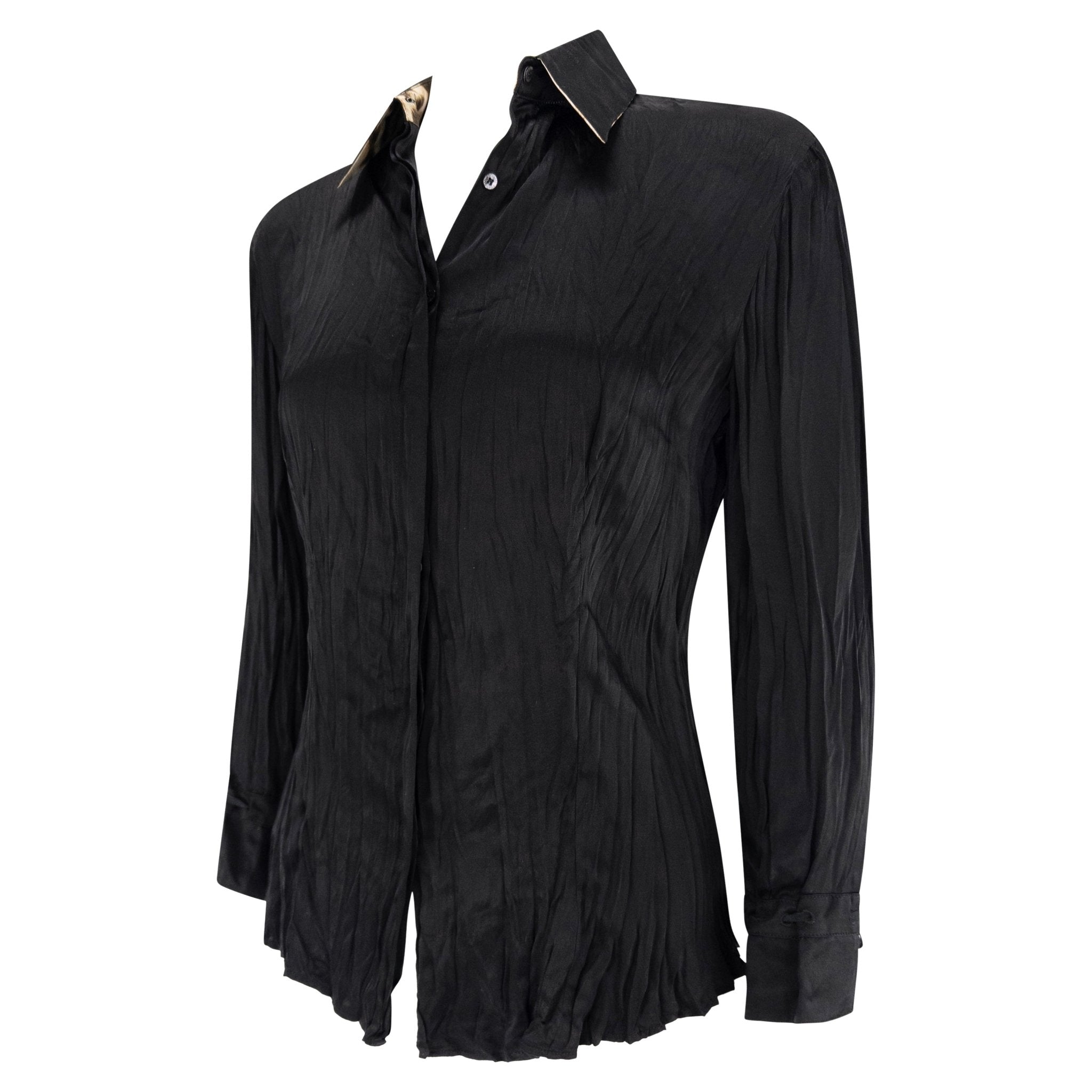 S/S 2004 Roberto Cavalli Black Wrinkled Silk Satin Button Up Blouse - RealList