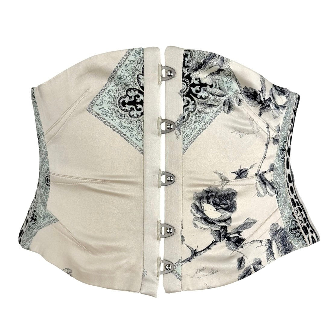 S/S 2004 Roberto Cavalli Creme Silk Satin Floral Print Corset Waist Belt - RealList
