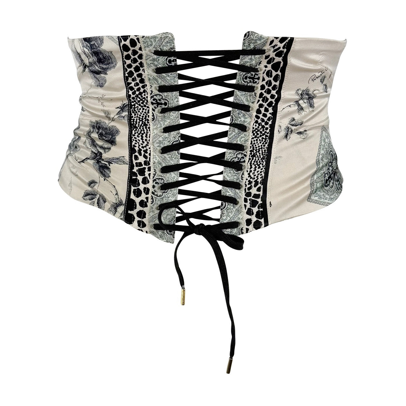 S/S 2004 Roberto Cavalli Creme Silk Satin Floral Print Corset Waist Belt - RealList