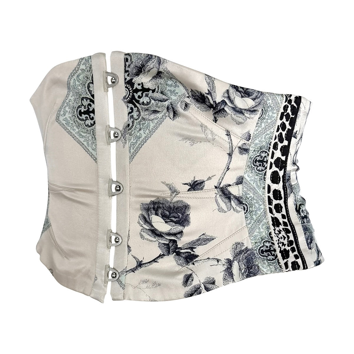 S/S 2004 Roberto Cavalli Creme Silk Satin Floral Print Corset Waist Belt - RealList