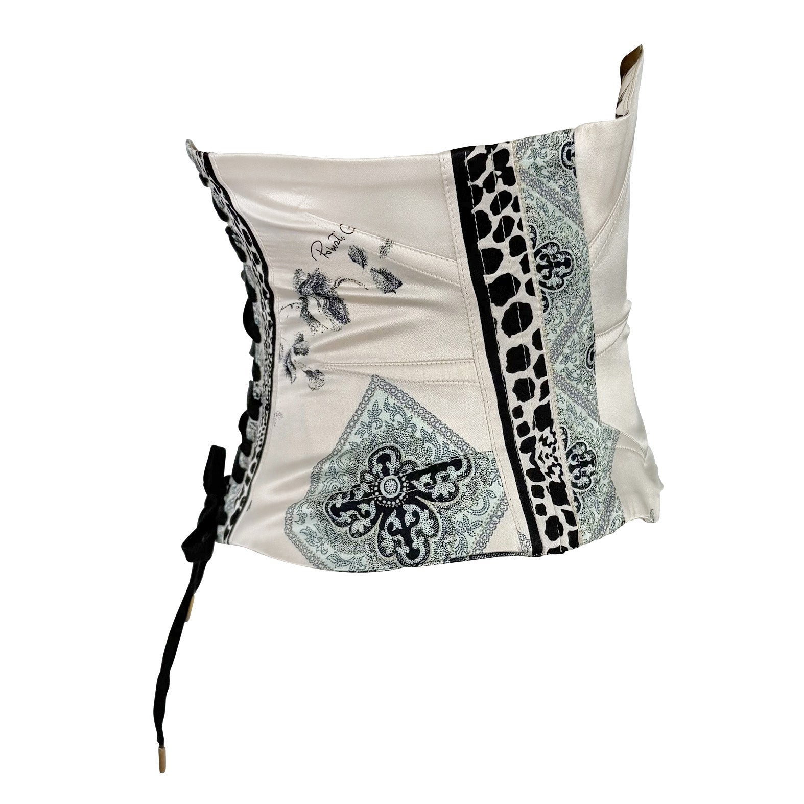 S/S 2004 Roberto Cavalli Creme Silk Satin Floral Print Corset Waist Belt - RealList