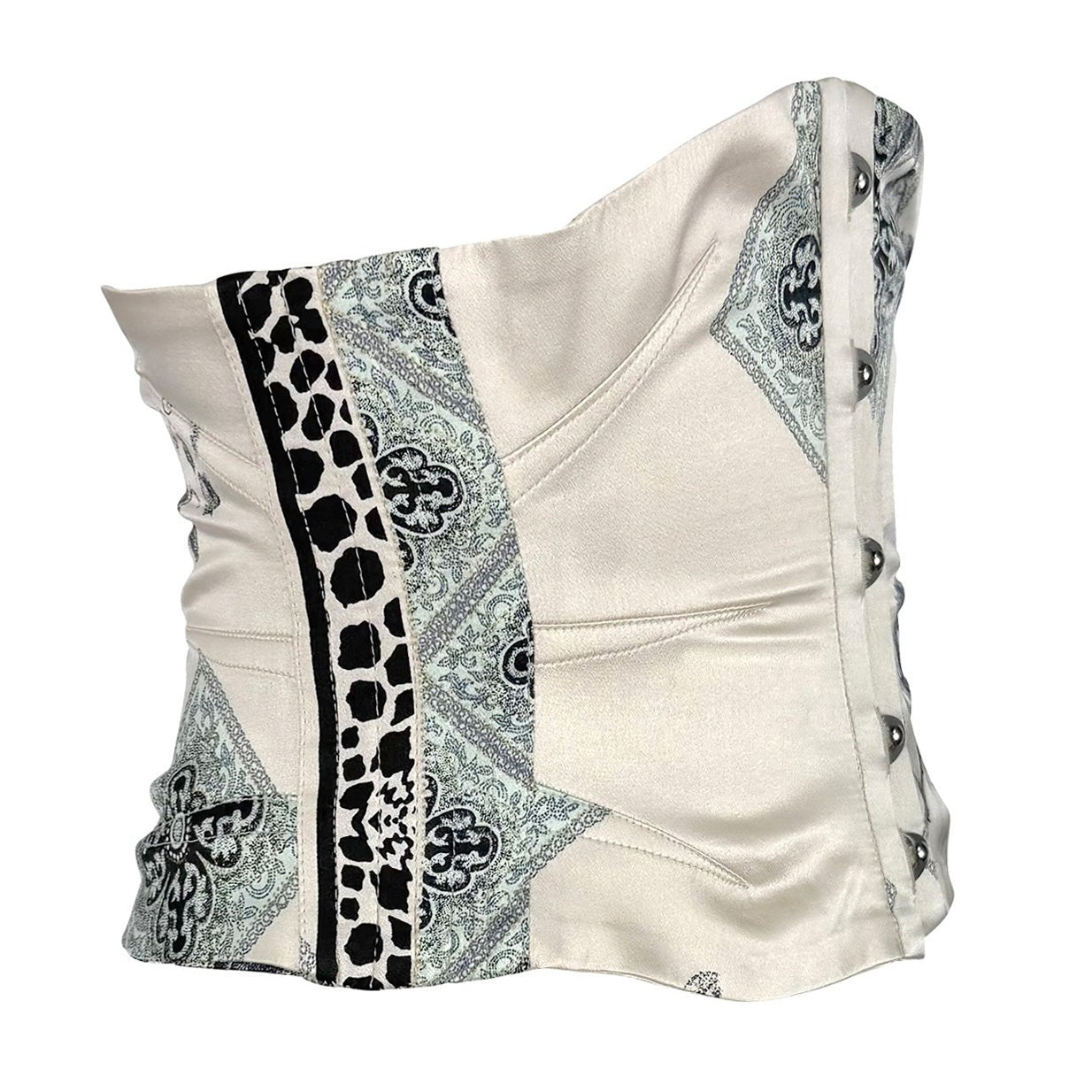 S/S 2004 Roberto Cavalli Creme Silk Satin Floral Print Corset Waist Belt - RealList