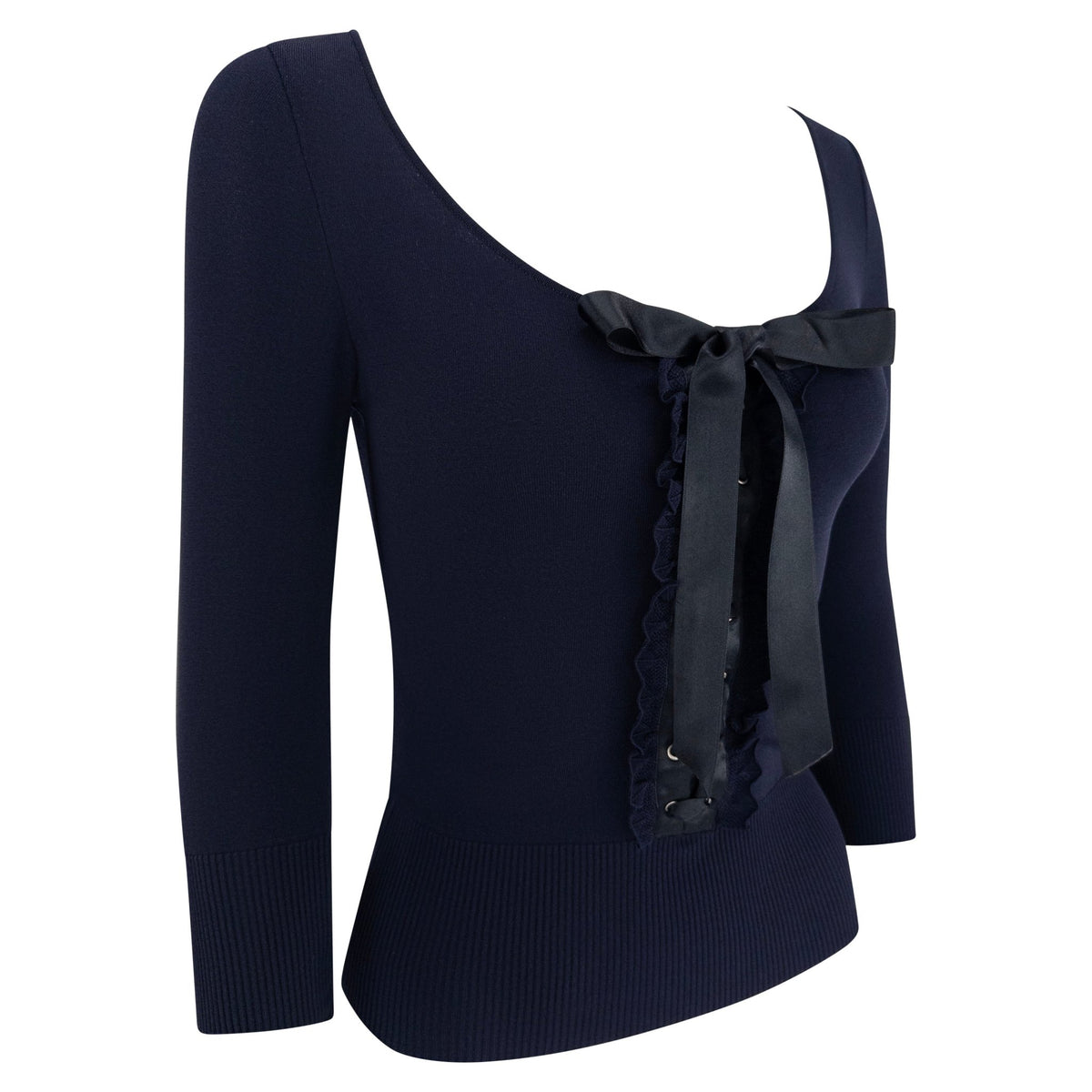 S/S 2004 Valentino Garavani Navy Blue Knit Ribbon Lace - Up Top - RealList