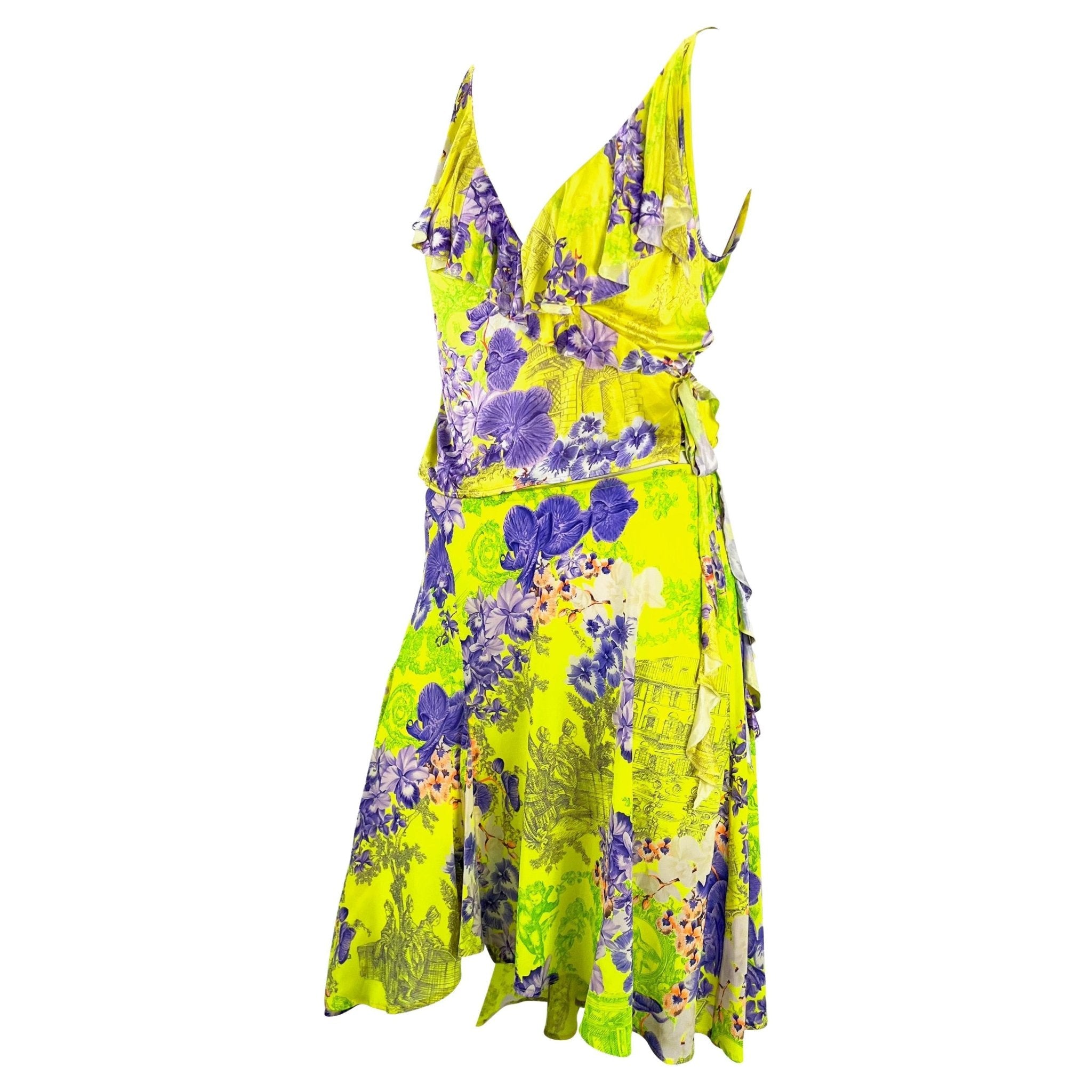 S/S 2004 Versace by Donatella Neon Green Toile Flower Print Silk Viscose Set - RealList
