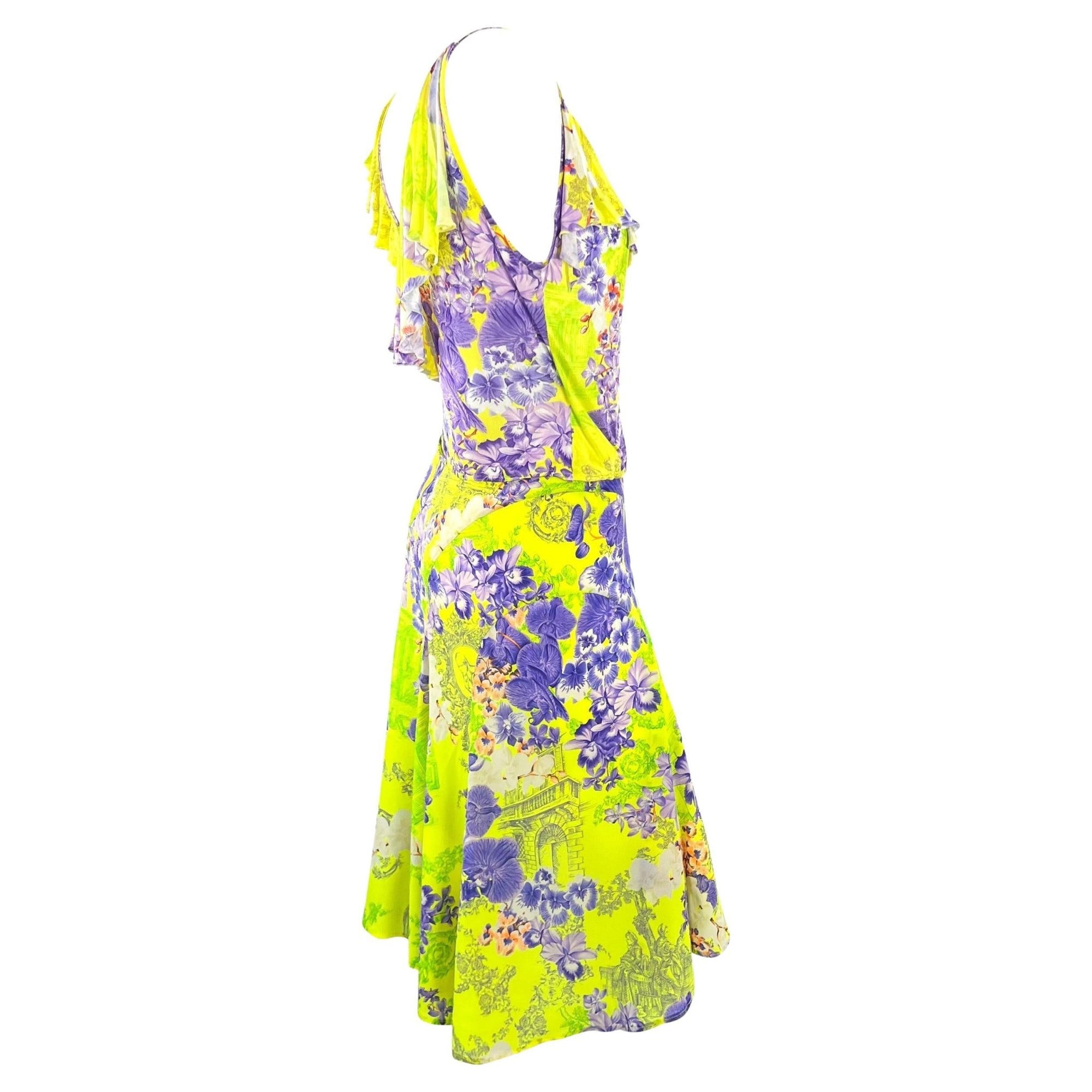 S/S 2004 Versace by Donatella Neon Green Toile Flower Print Silk Viscose Set - RealList