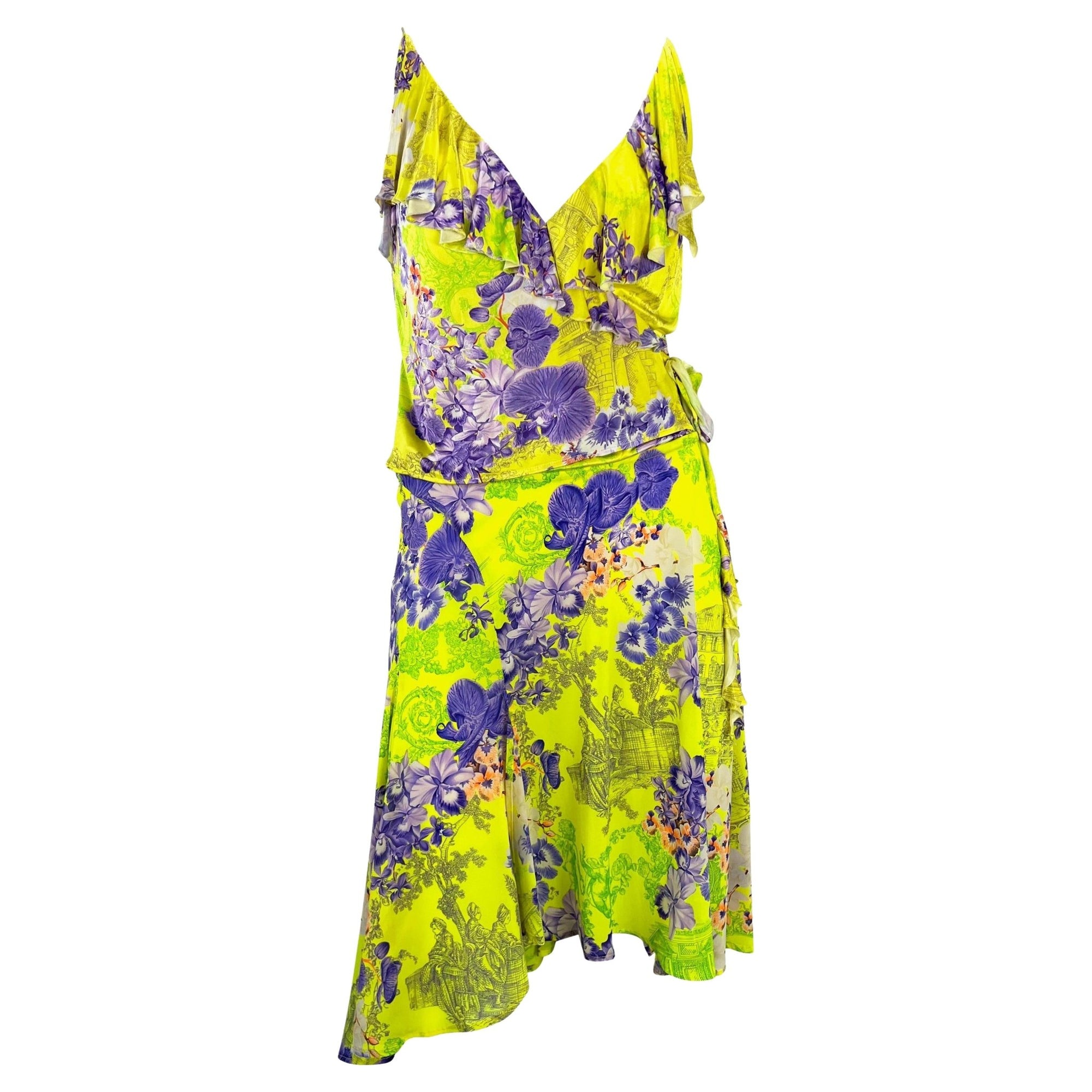 S/S 2004 Versace by Donatella Neon Green Toile Flower Print Silk Viscose Set - RealList