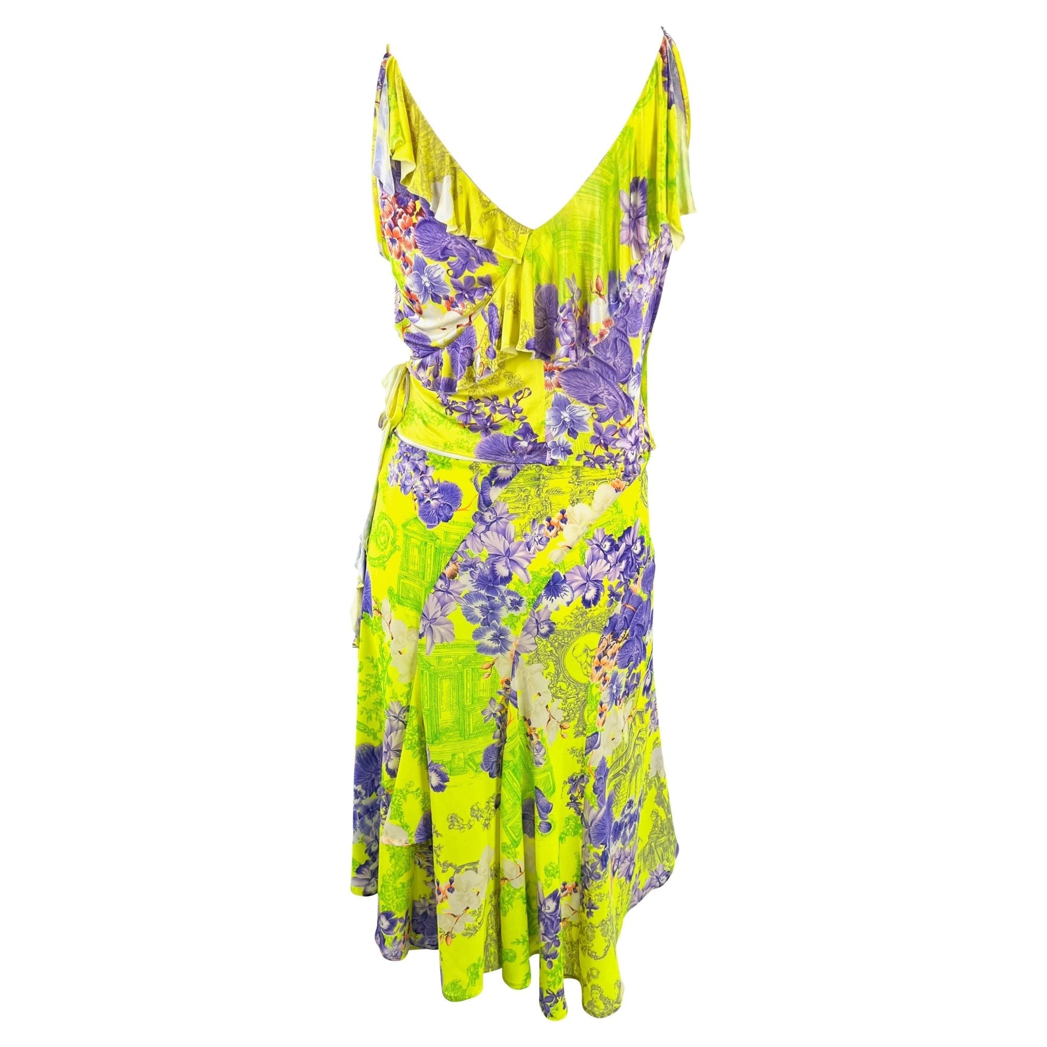 S/S 2004 Versace by Donatella Neon Green Toile Flower Print Silk Viscose Set - RealList