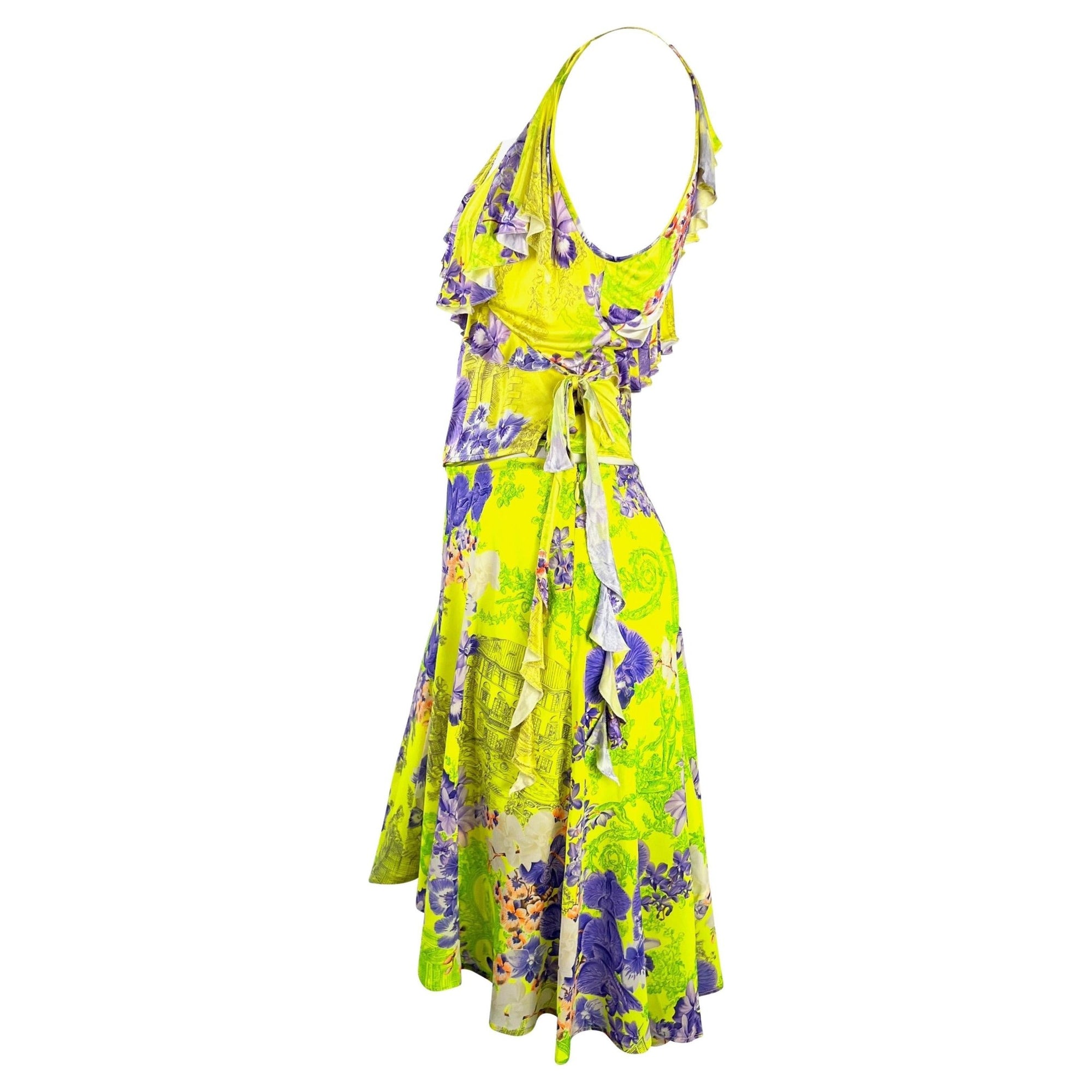 S/S 2004 Versace by Donatella Neon Green Toile Flower Print Silk Viscose Set - RealList