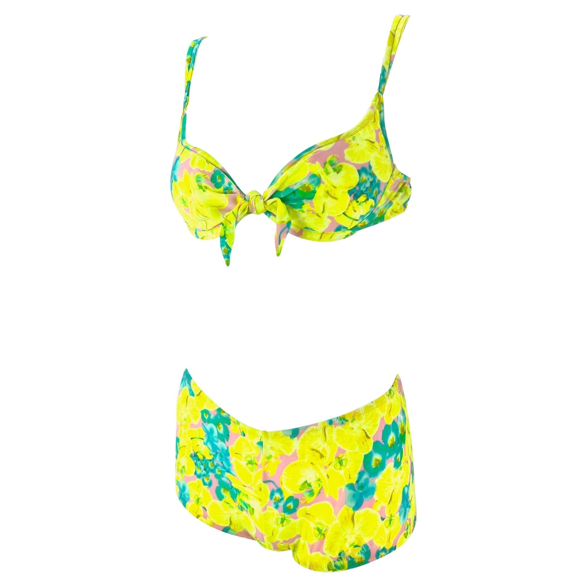 S/S 2004 Versace by Donatella Neon Orchid Yellow Floral Tie Bikini Shorts Set - RealList