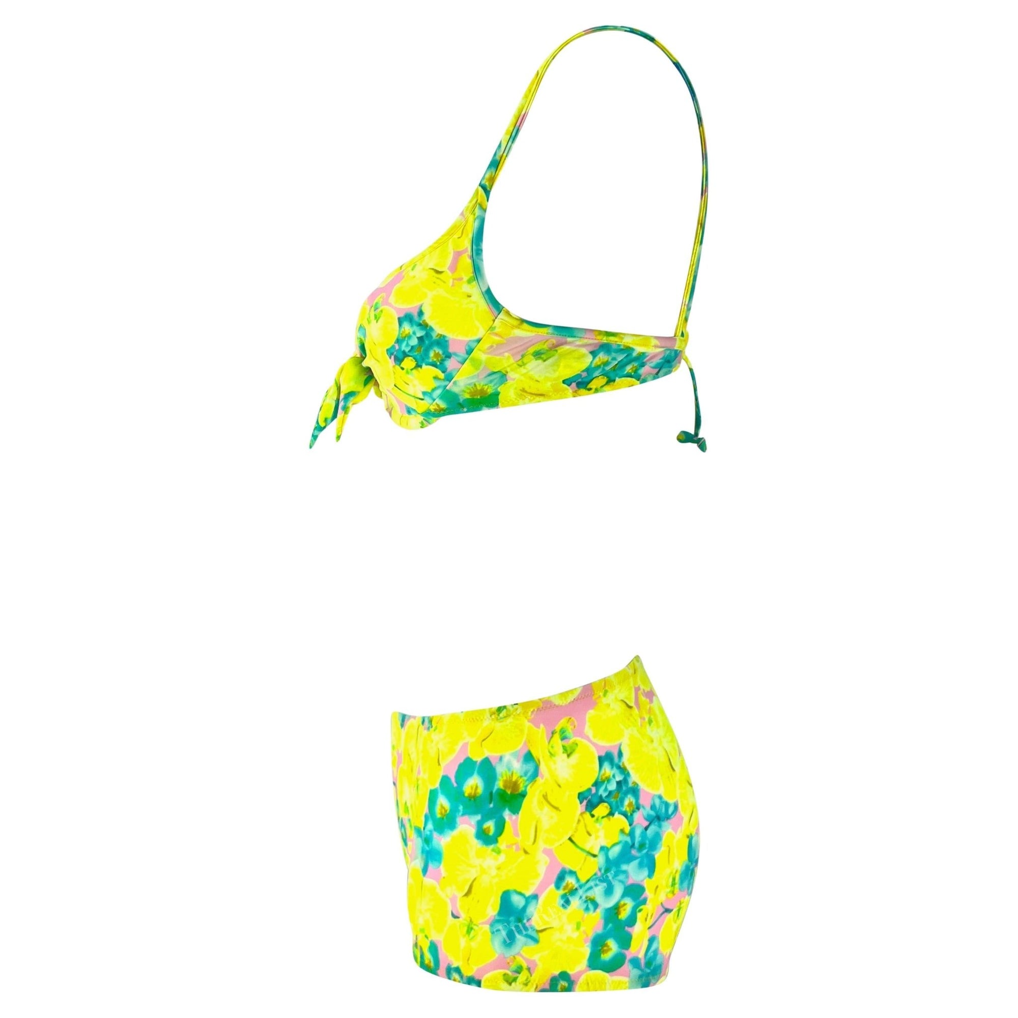 S/S 2004 Versace by Donatella Neon Orchid Yellow Floral Tie Bikini Shorts Set - RealList