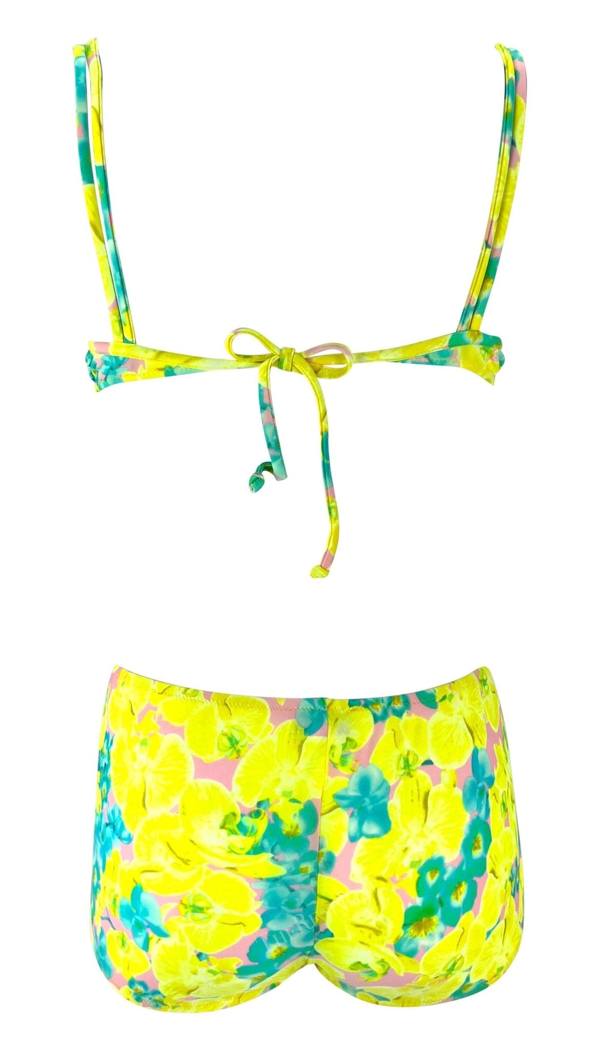 S/S 2004 Versace by Donatella Neon Orchid Yellow Floral Tie Bikini Shorts Set - RealList