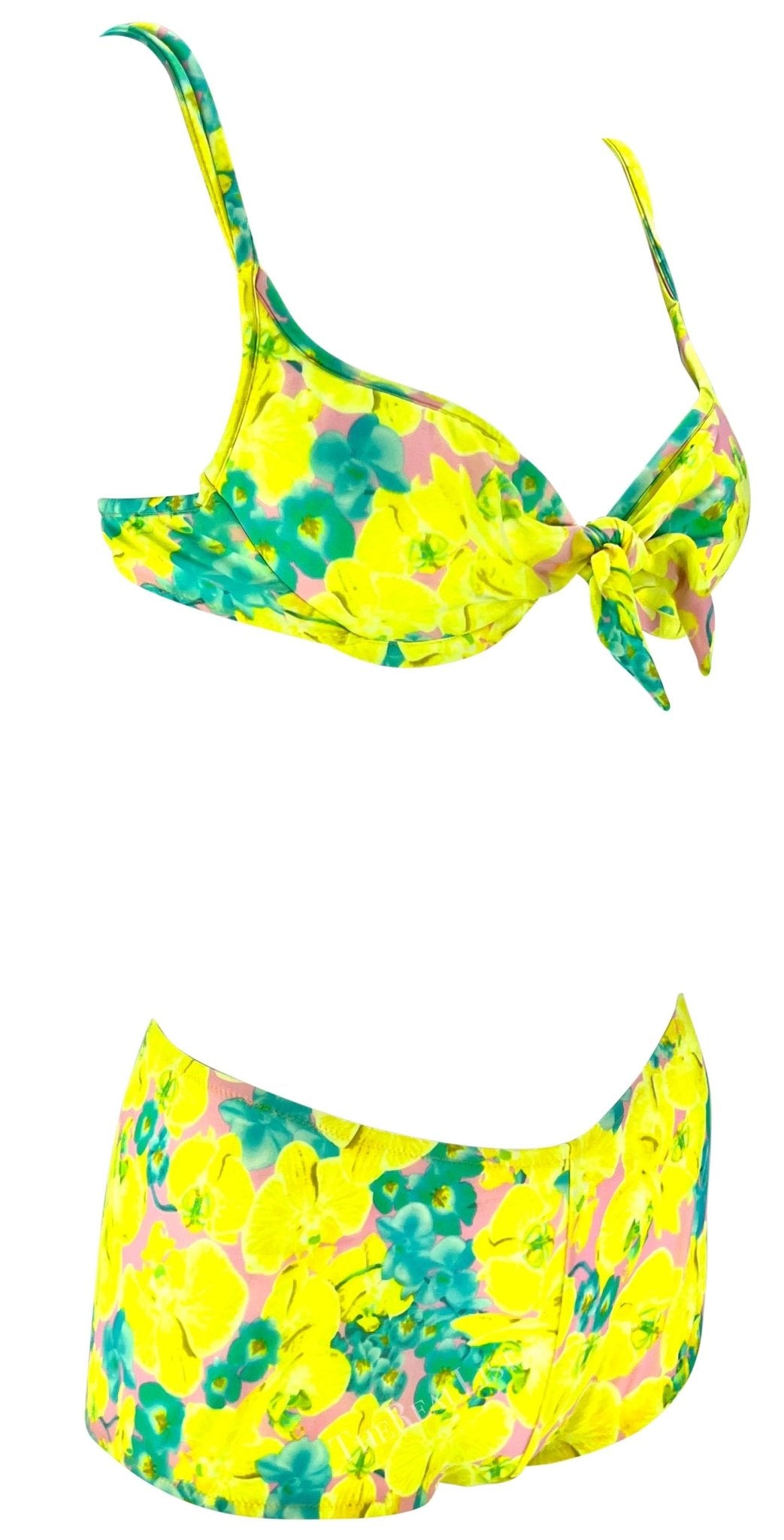 S/S 2004 Versace by Donatella Neon Orchid Yellow Floral Tie Bikini Shorts Set - RealList