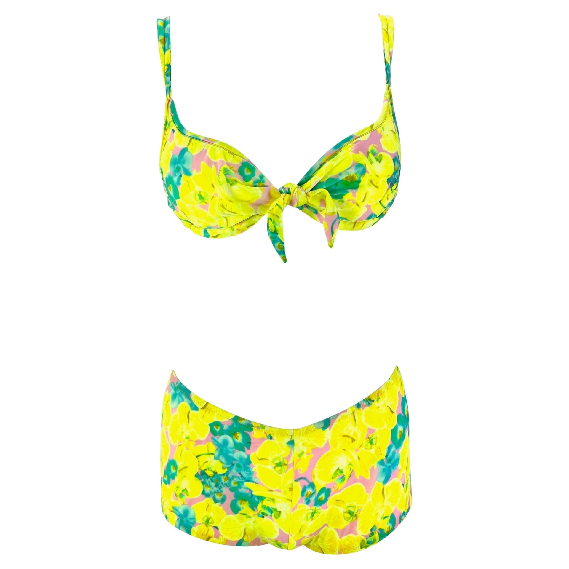 S/S 2004 Versace by Donatella Neon Orchid Yellow Floral Tie Bikini Shorts Set - RealList