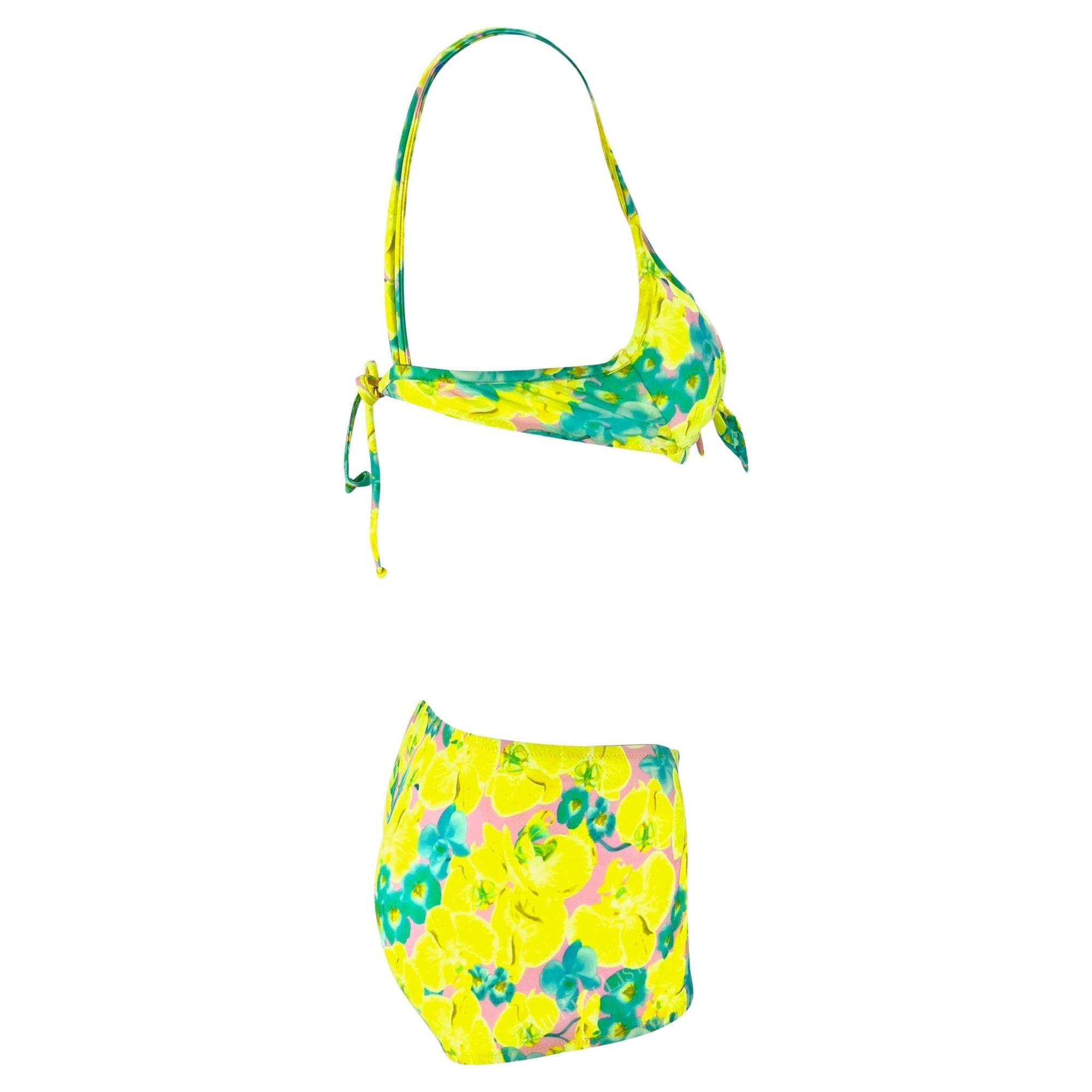 S/S 2004 Versace by Donatella Neon Orchid Yellow Floral Tie Bikini Shorts Set - RealList