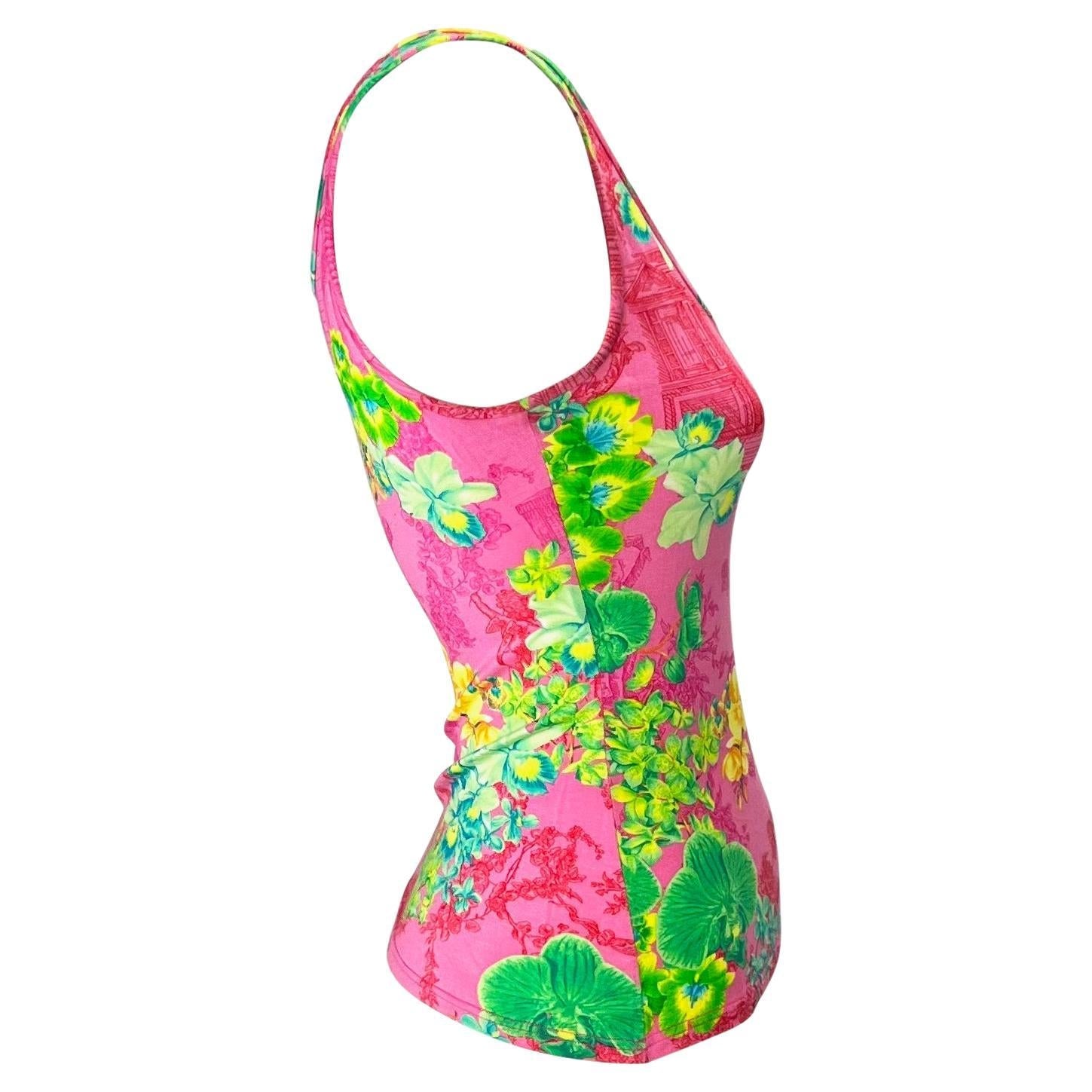 S/S 2004 Versace by Donatella Neon Pink Orchid Print Stretch Viscose Tank Top - RealList