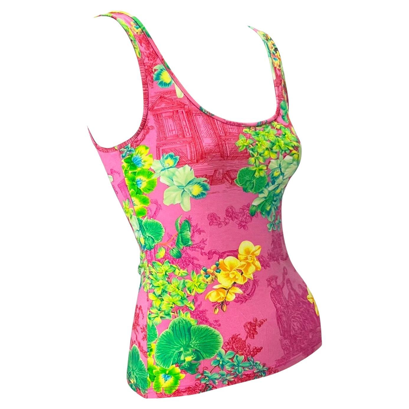 S/S 2004 Versace by Donatella Neon Pink Orchid Print Stretch Viscose Tank Top - RealList