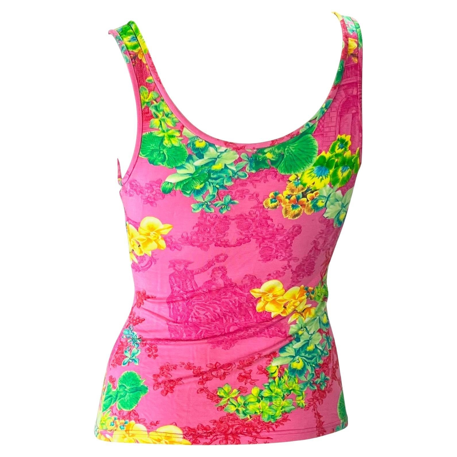 S/S 2004 Versace by Donatella Neon Pink Orchid Print Stretch Viscose Tank Top - RealList