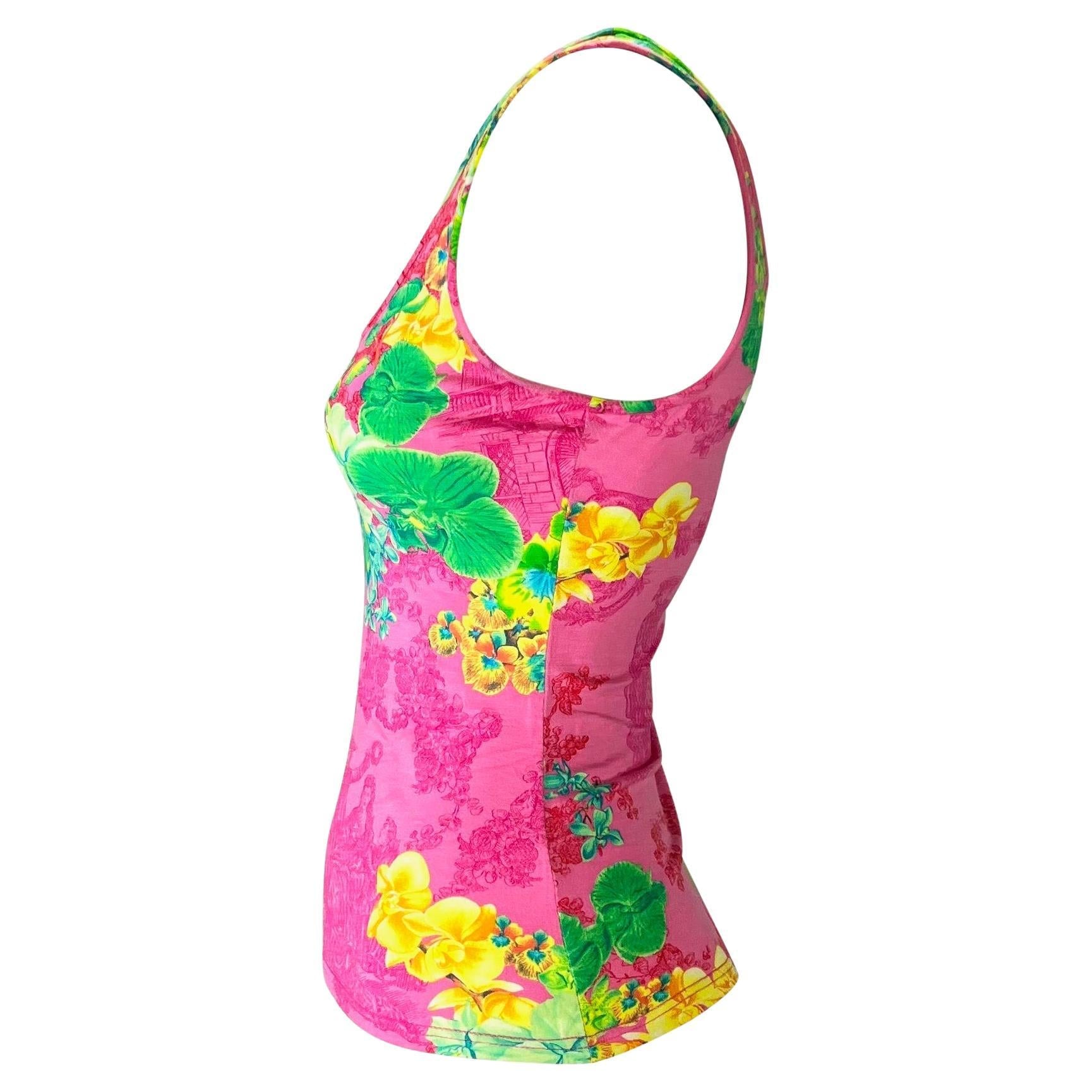 S/S 2004 Versace by Donatella Neon Pink Orchid Print Stretch Viscose Tank Top - RealList