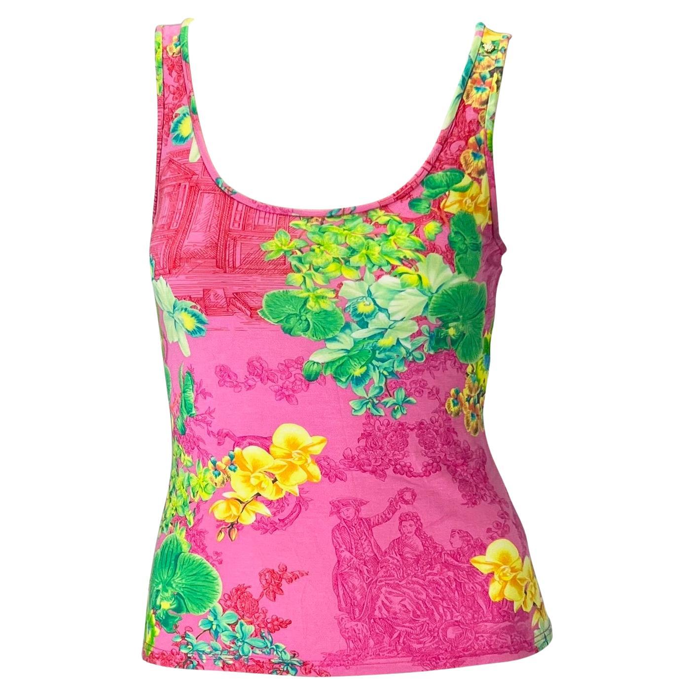 S/S 2004 Versace by Donatella Neon Pink Orchid Print Stretch Viscose Tank Top - RealList
