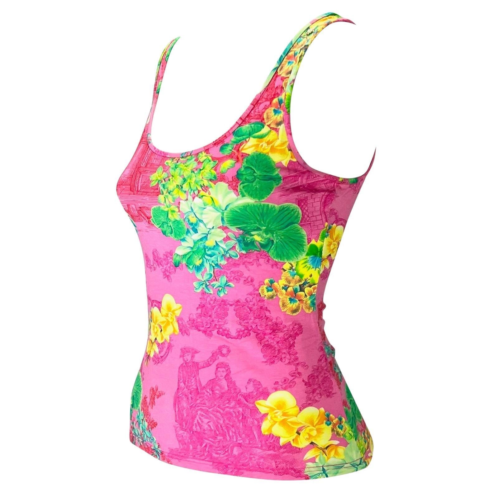 S/S 2004 Versace by Donatella Neon Pink Orchid Print Stretch Viscose Tank Top - RealList