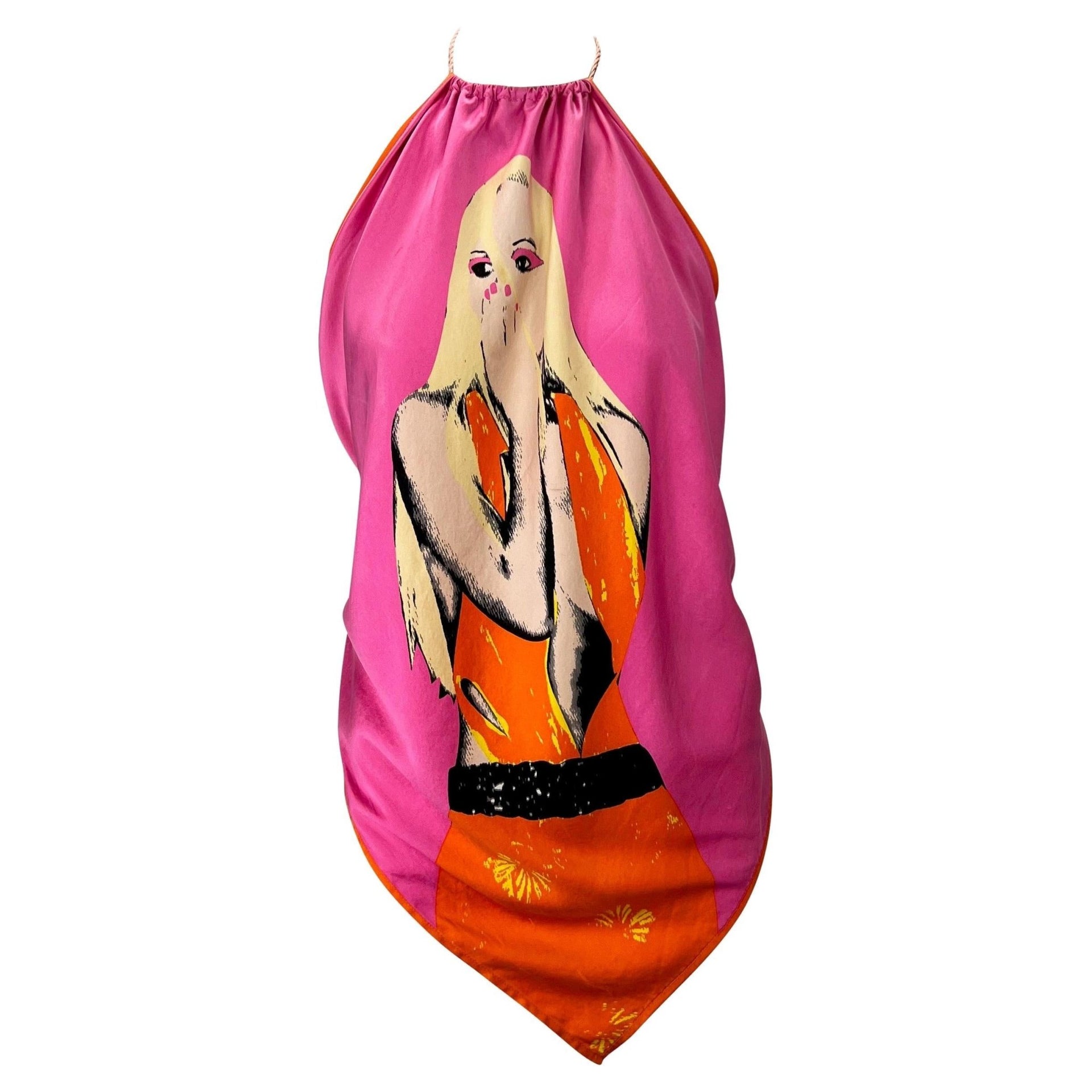 S/S 2004 Versace by Donatella Pink Pop Art Silk Scarf Tassel Blouse - RealList