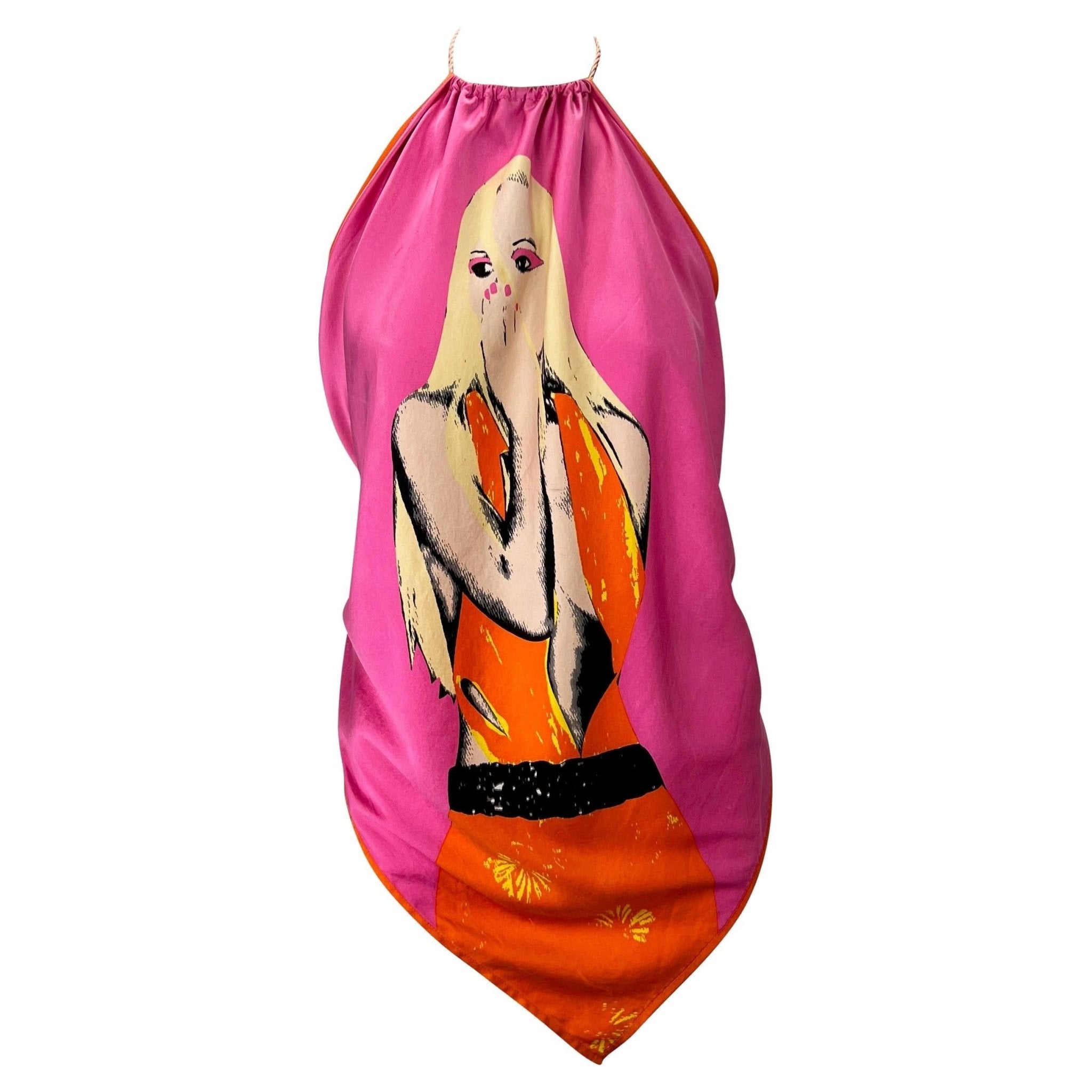 S/S 2004 Versace by Donatella Pink Pop Art Silk Scarf Tassel Blouse - RealList