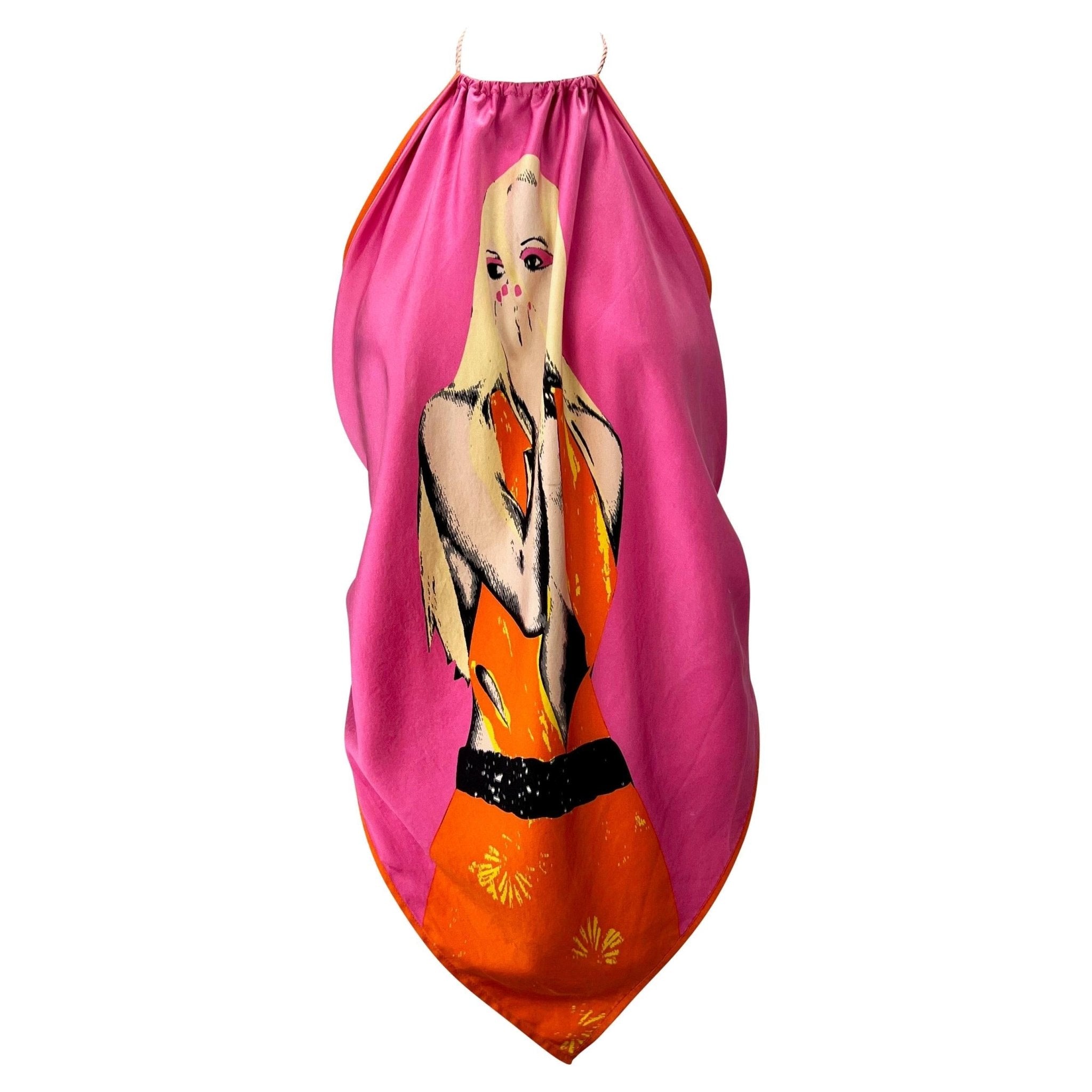 S/S 2004 Versace by Donatella Pink Pop Art Silk Scarf Tassel Blouse - RealList
