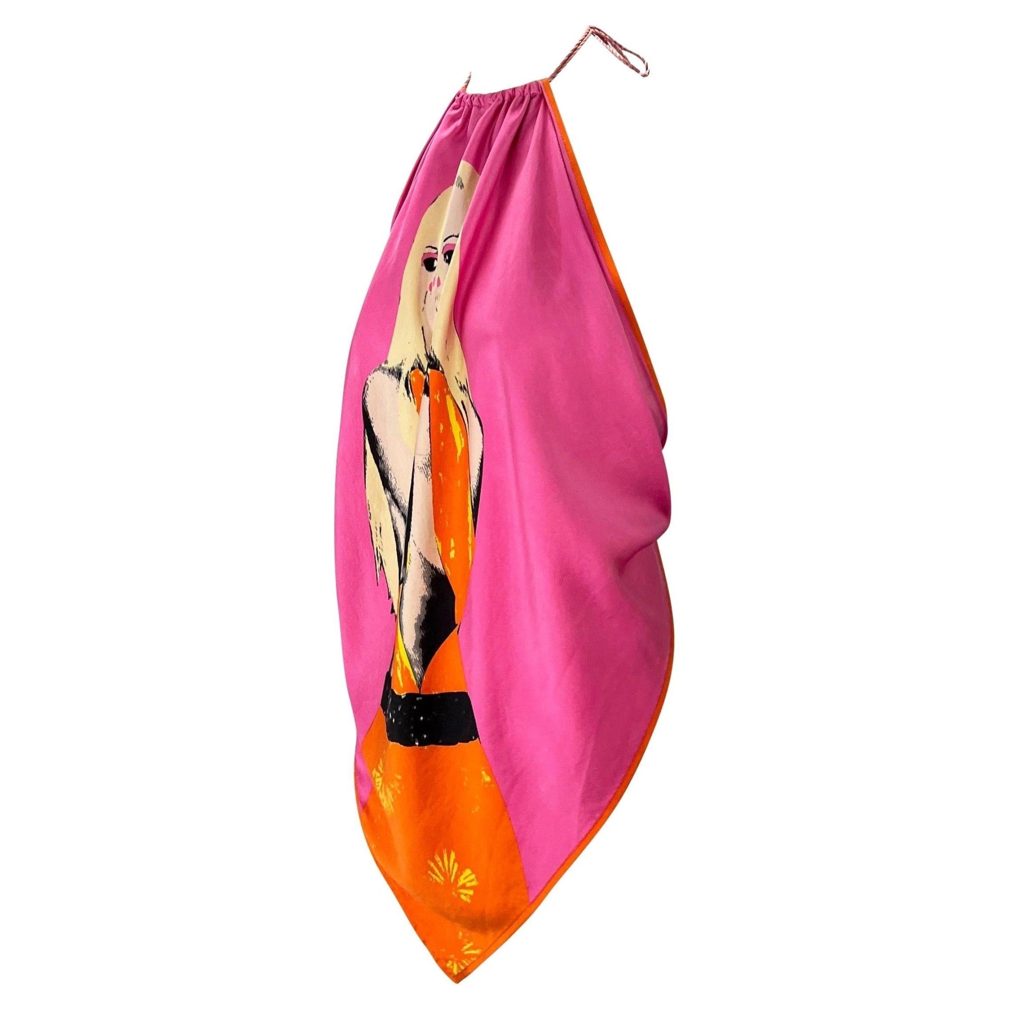 S/S 2004 Versace by Donatella Pink Pop Art Silk Scarf Tassel Blouse - RealList