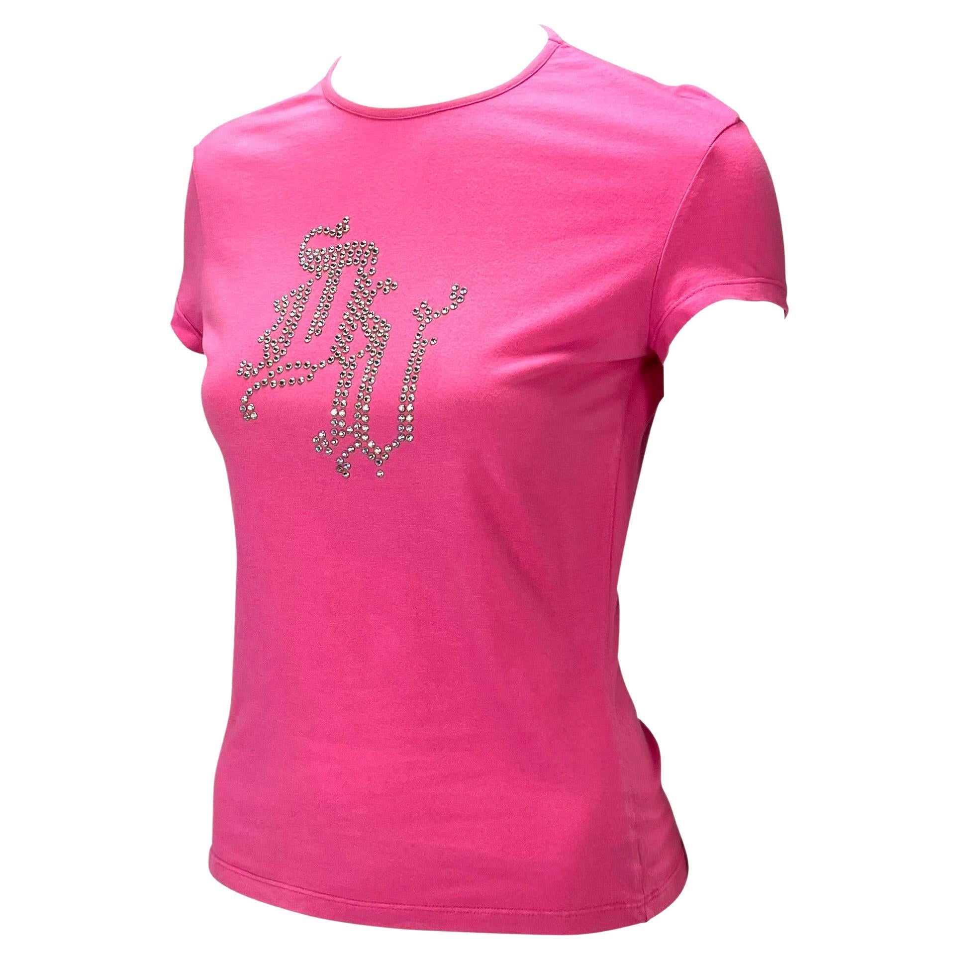 S/S 2004 Versace by Donatella Pink Rhinestone 'DV' Monogram Stretch T-Shirt Y2K - RealList