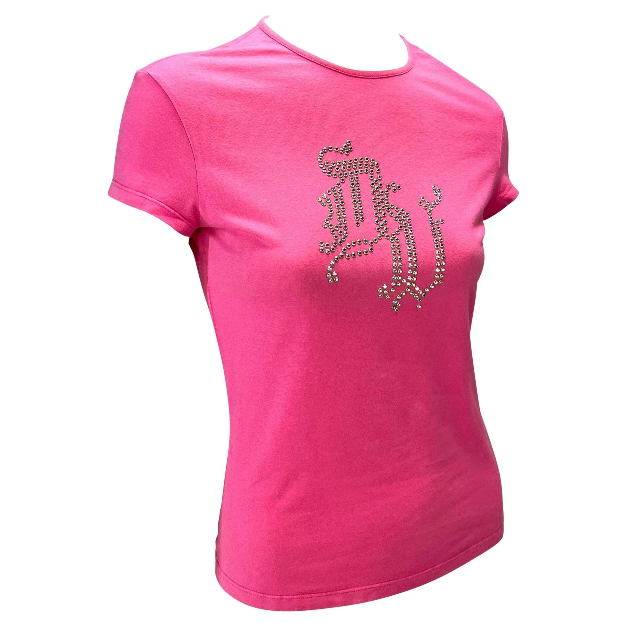 S/S 2004 Versace by Donatella Pink Rhinestone 'DV' Monogram Stretch T-Shirt Y2K - RealList